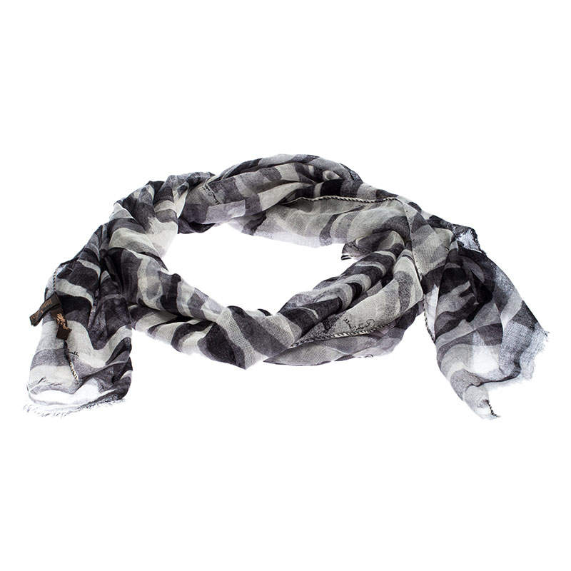 Roberto Cavalli Grey Camouflage Print Cashmere and Silk Scarf 