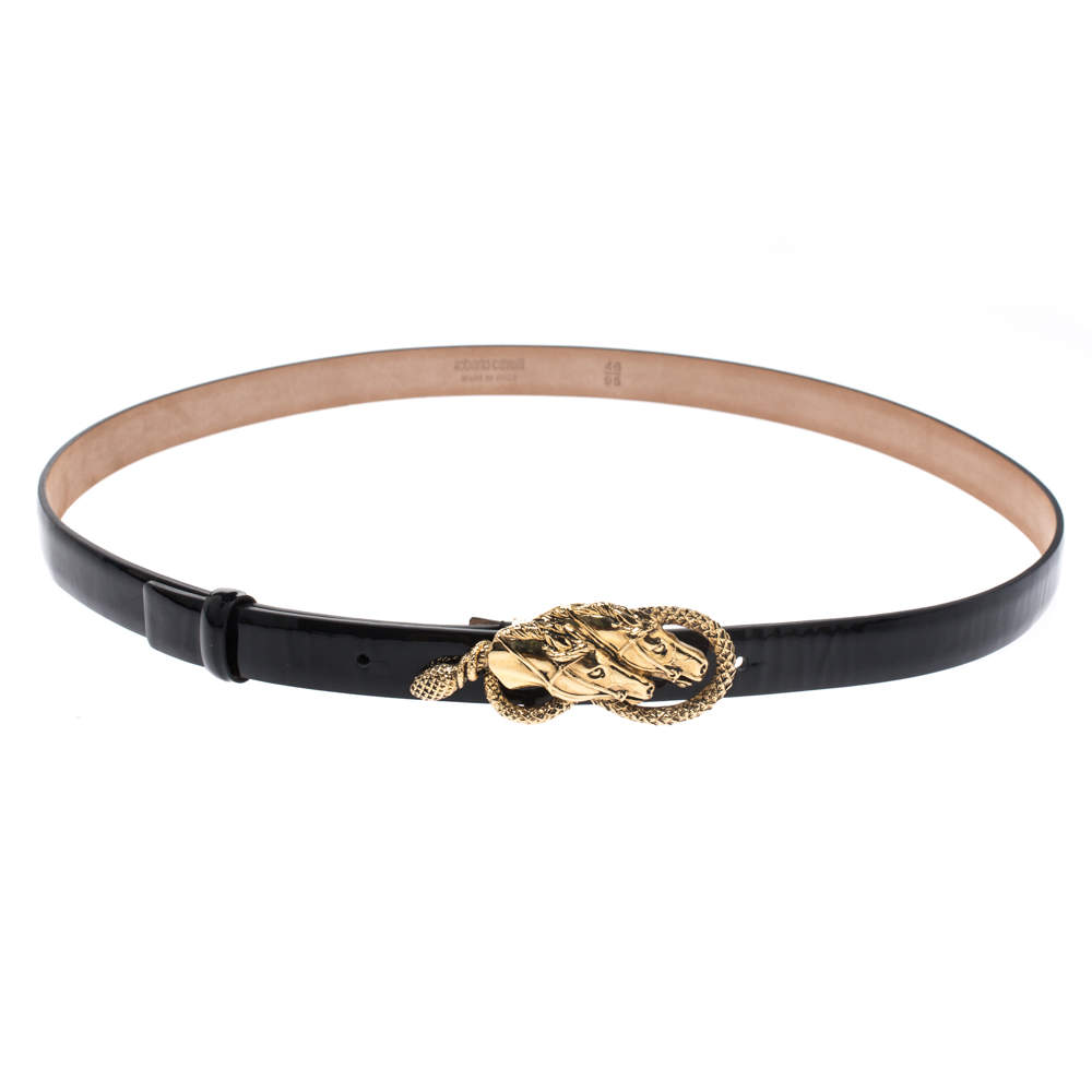 Pre Owned Roberto Cavalli Black Patent Leather Horse Buckle Belt 95CM