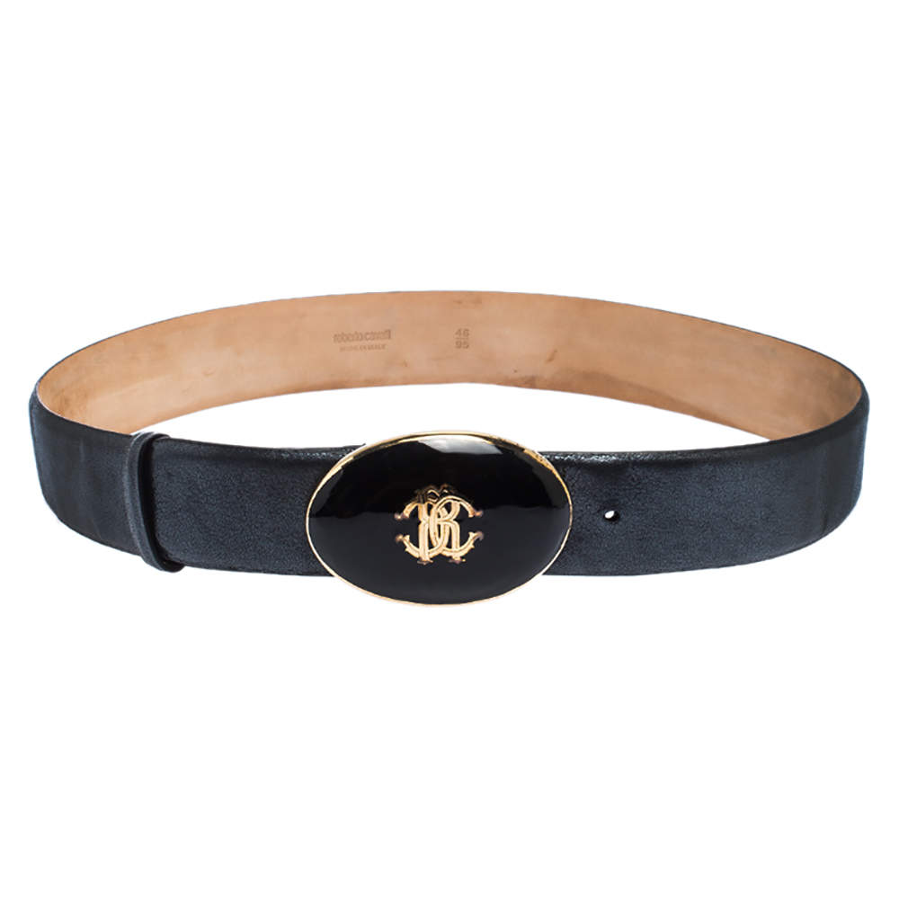 Pre Owned Roberto Cavalli Metallic Grey Leather Resin Buckle Belt 95CM