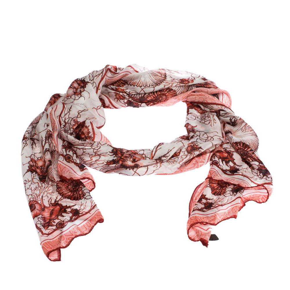Roberto Cavalli Red & White Coral Reef Print Silk Scarf 