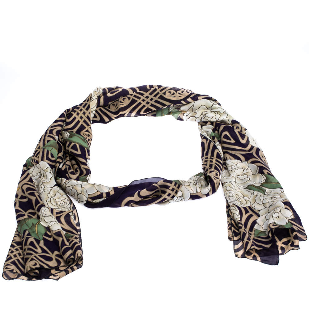 Pre Owned وشاح روبرتو كافالي حرير مورد مطبوع أزرق كحلي