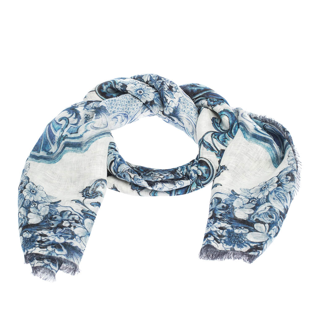 Roberto Cavalli White & Blue Floral Print Linen Giant Scarf