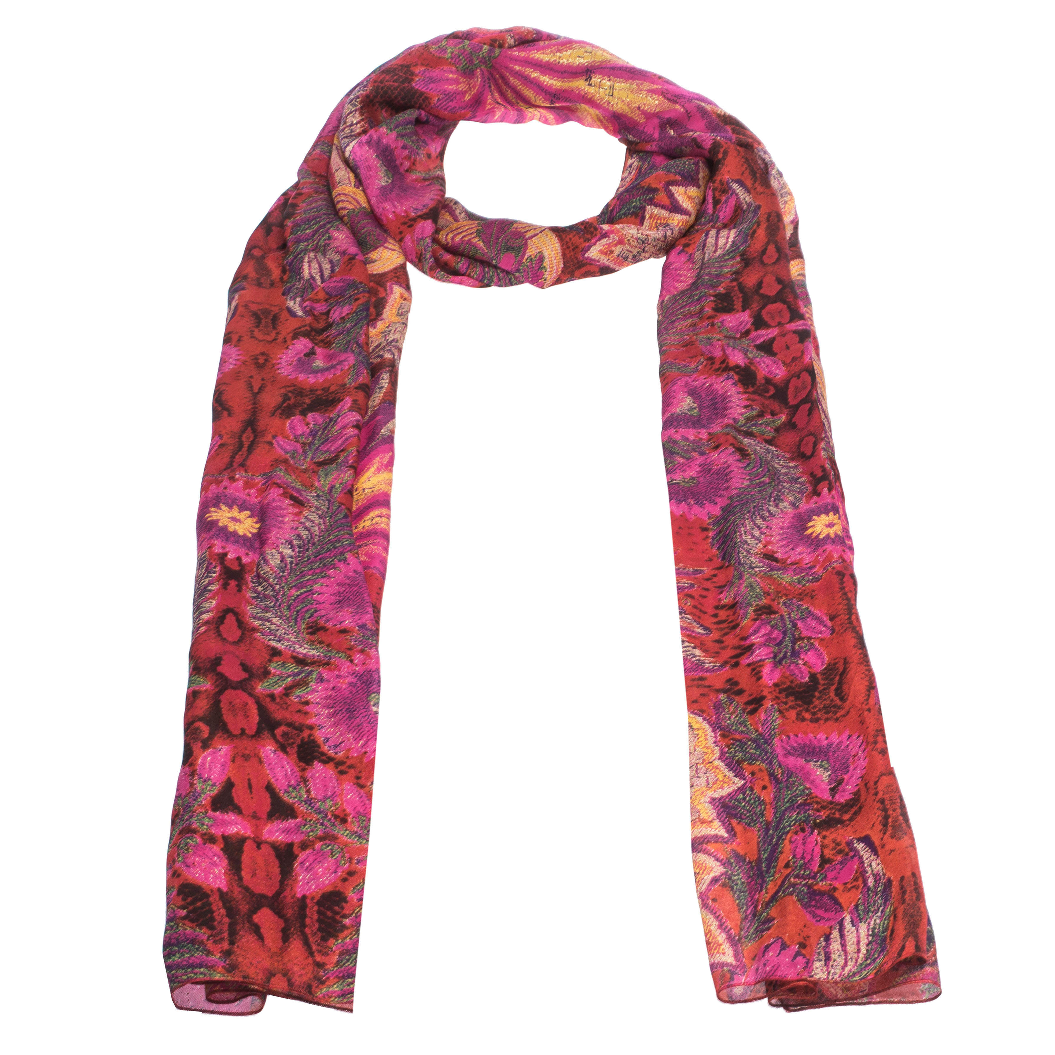 Pre Owned Roberto Cavalli Pink Abstract Floral Foil Printed Silk Stole