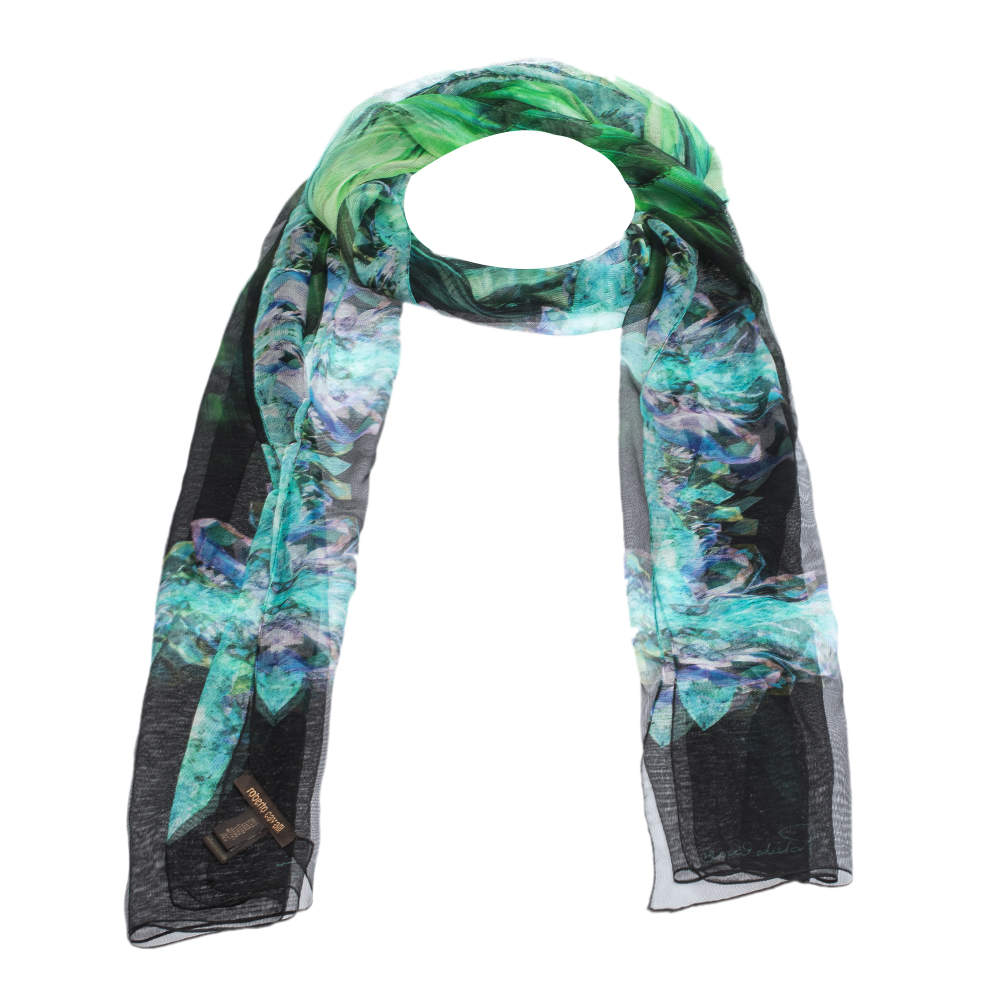Pre Owned Roberto Cavalli Green Floral Printed Silk Tulle Stole