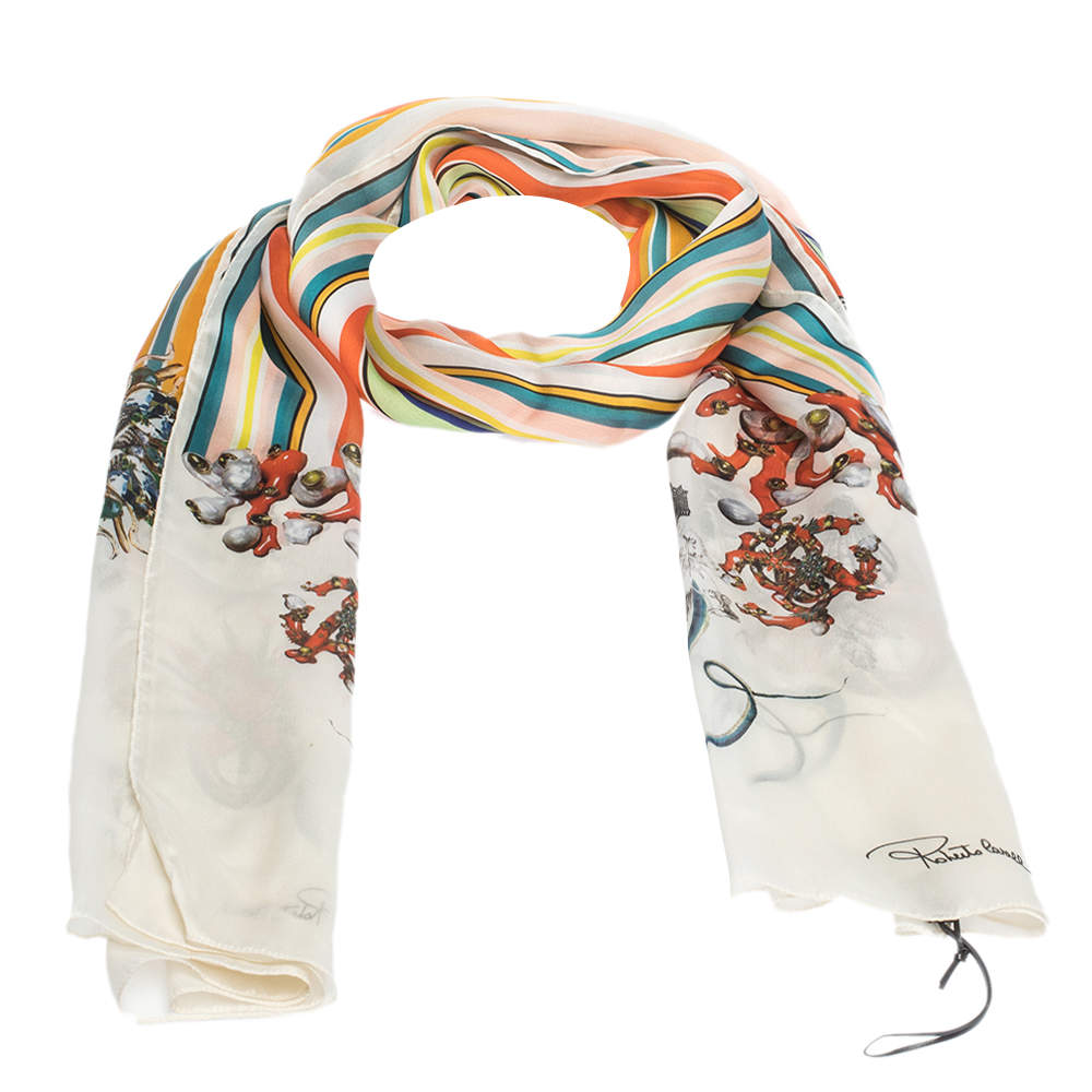 Pre Owned Roberto Cavalli Multicolor Striped Oriental Print Silk Scarf
