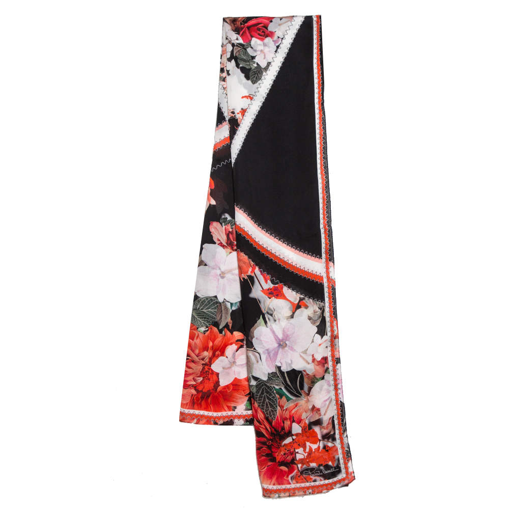 Pre Owned وشاح روبرتو كافالي حرير طباعة زهور أسود ووردي محمر