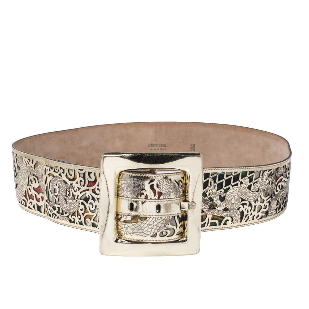 مملوكة مسبقًا Roberto Cavalli Gold Lasercut Patent Leather Buckle Waist Belt 95CM