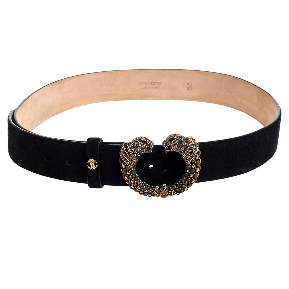 Pre Owned Roberto Cavalli Black Suede Crystal Embellished Panther Head Buckle Belt 95CM