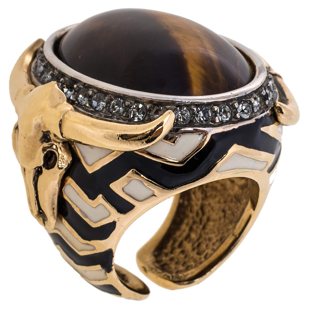 Roberto Cavalli Tiger's Eye Enamel Crystal Gold Tone Adjustable Cocktail Ring Size 54.5