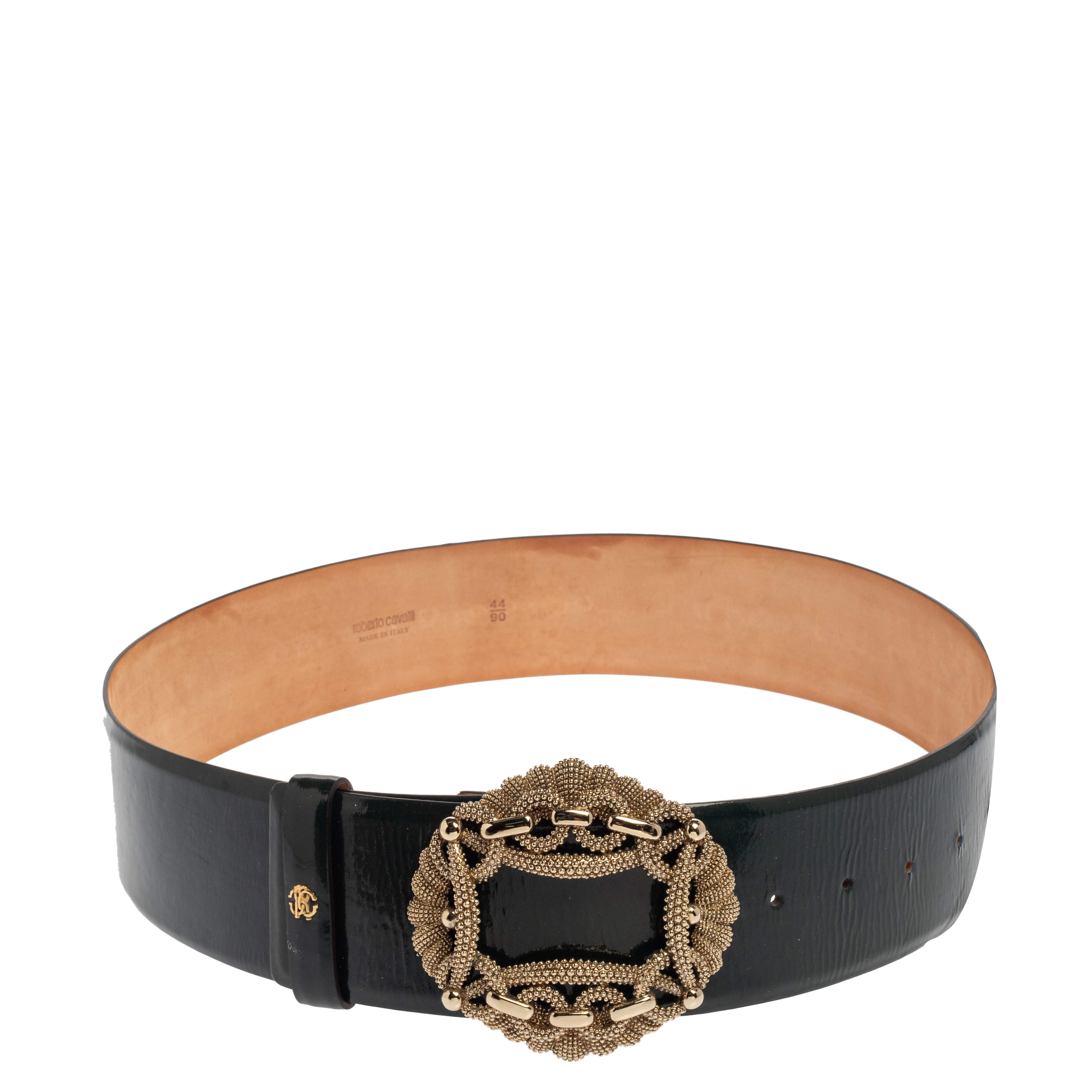 مملوكة مسبقًا Roberto Cavalli Petroleum Green Patent Leather Buckle Embellished Wide Belt 90CM