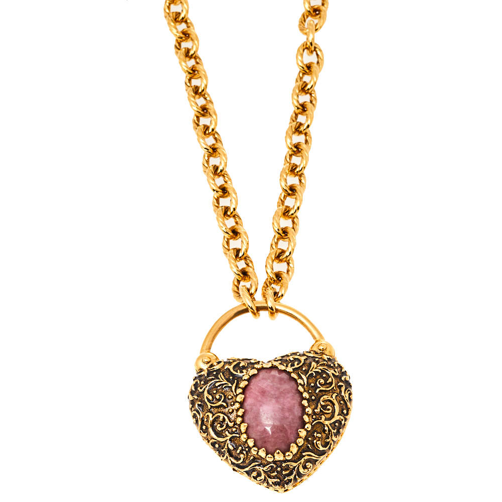 Roberto Cavalli Gold Tone Pink Stone Heart Pendant Necklace