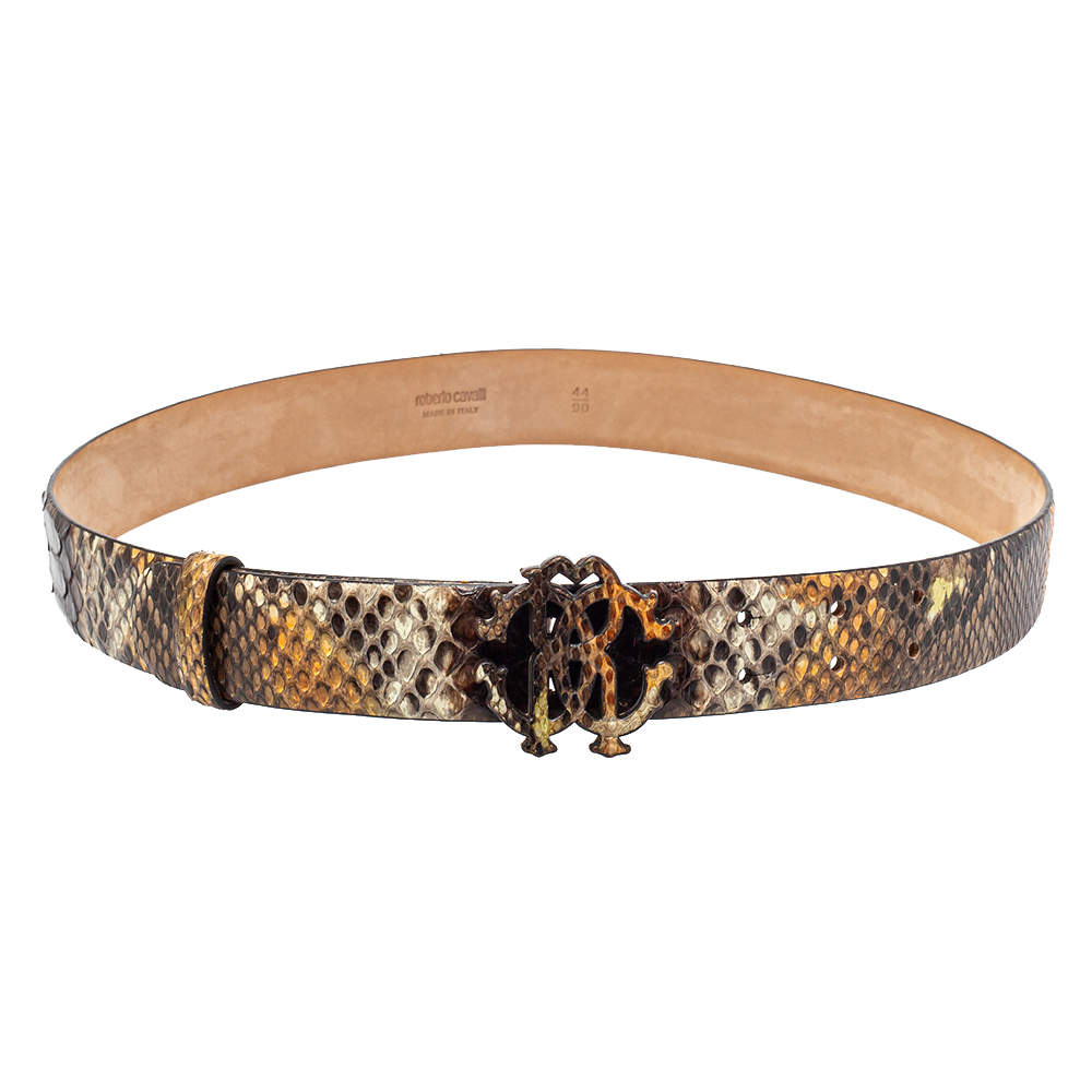 Pre Owned حزام روبرتو كافالي إبزيم شعار جلد ثعبان بني 90 سم