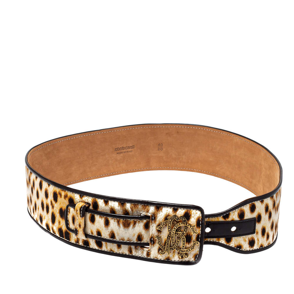 Pre Owned Roberto Cavalli Brown Leopard Print Canvas and Leather Waist Belt 80 CM