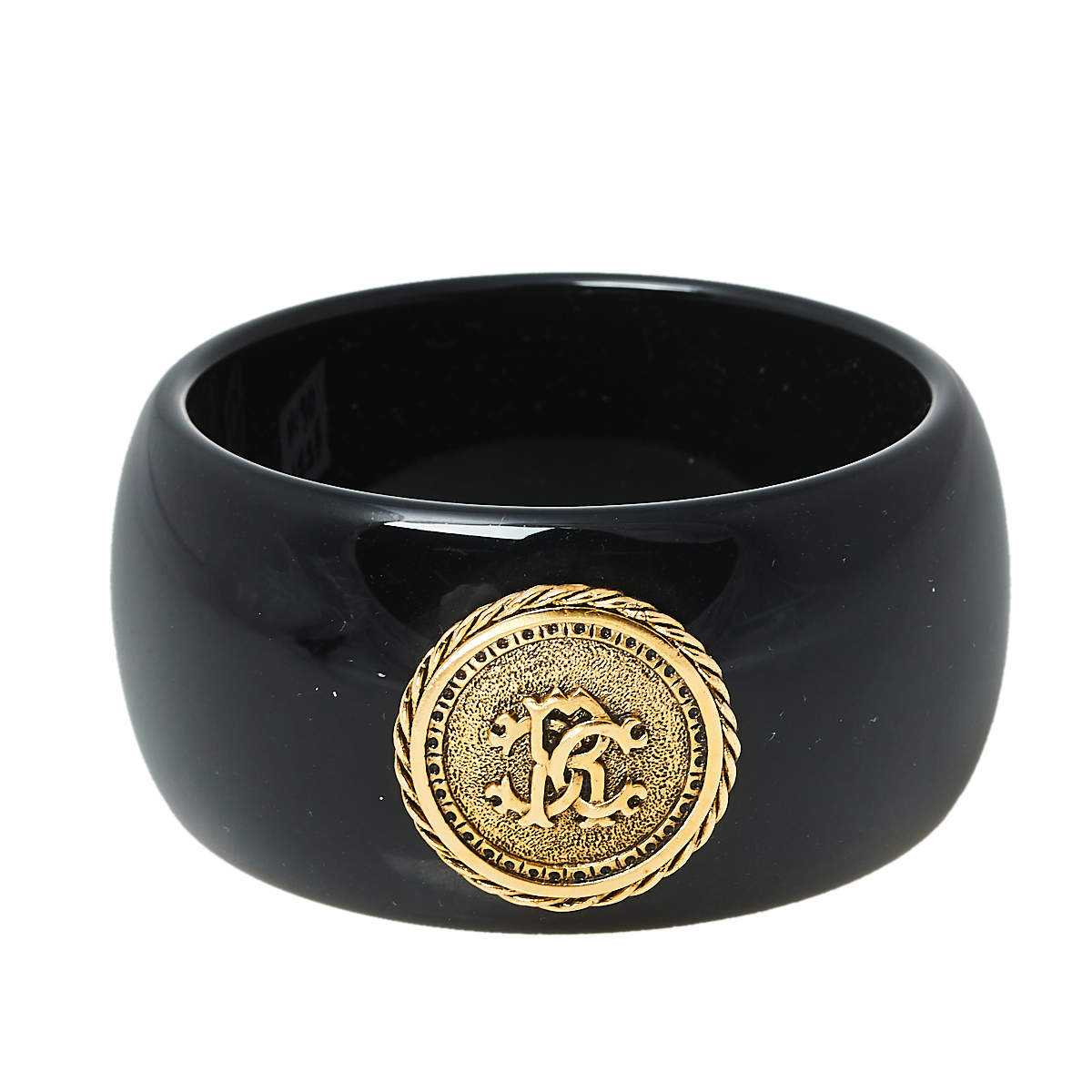 Pre Owned Roberto Cavalli Black Medallion Wide Bangle Bracelet
