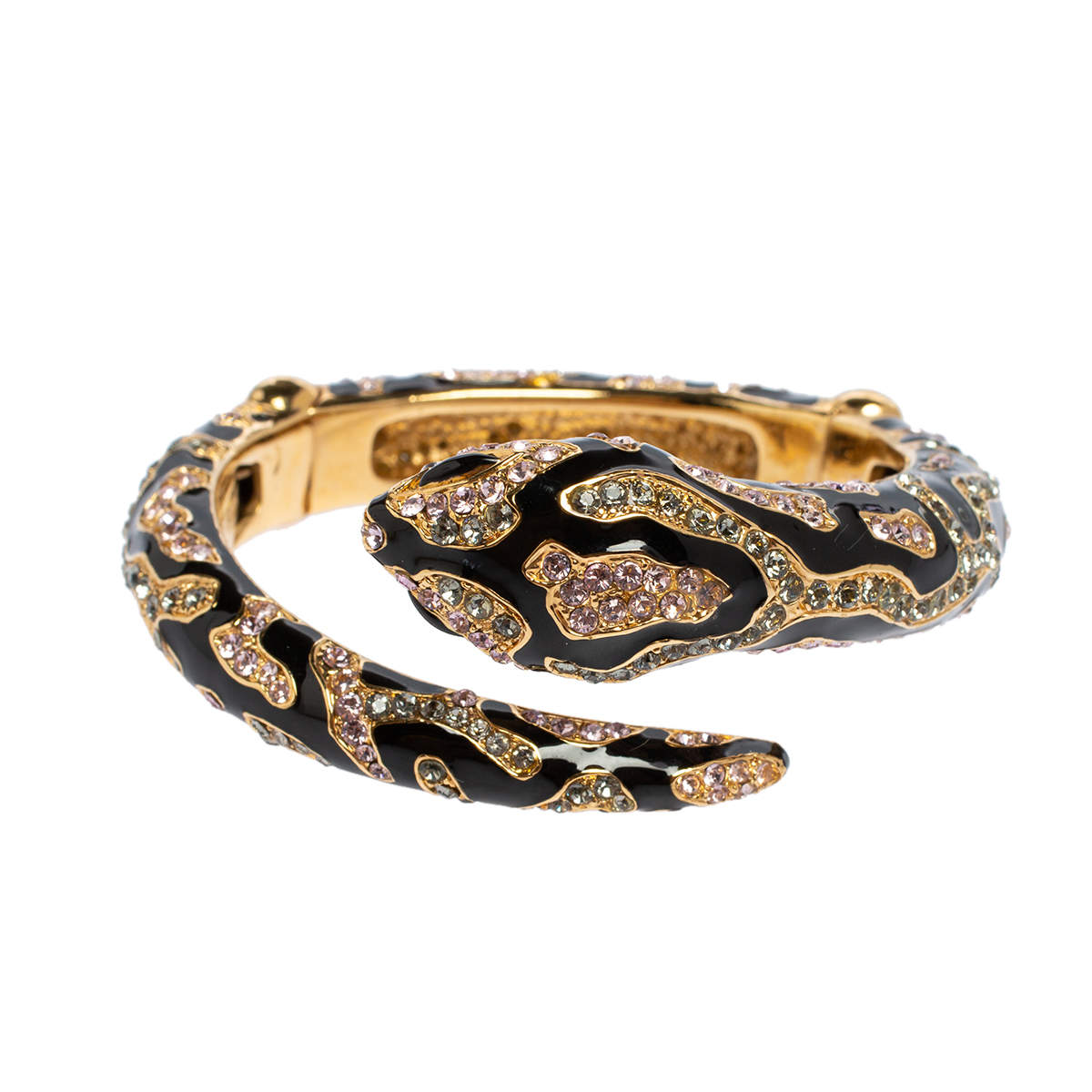 مملوكة مسبقًا Roberto Cavalli Snake Head Crystal Enamel Gold Tone Open Cuff Bracelet