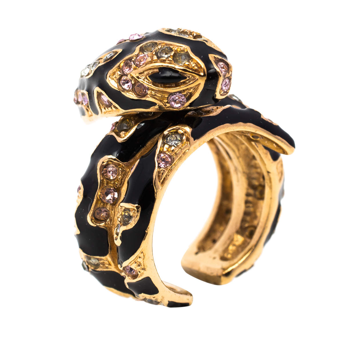 Pre Owned Roberto Cavalli Snake Head Crystal Enamel Gold Tone Adjustable Cocktail Ring Size 50.5