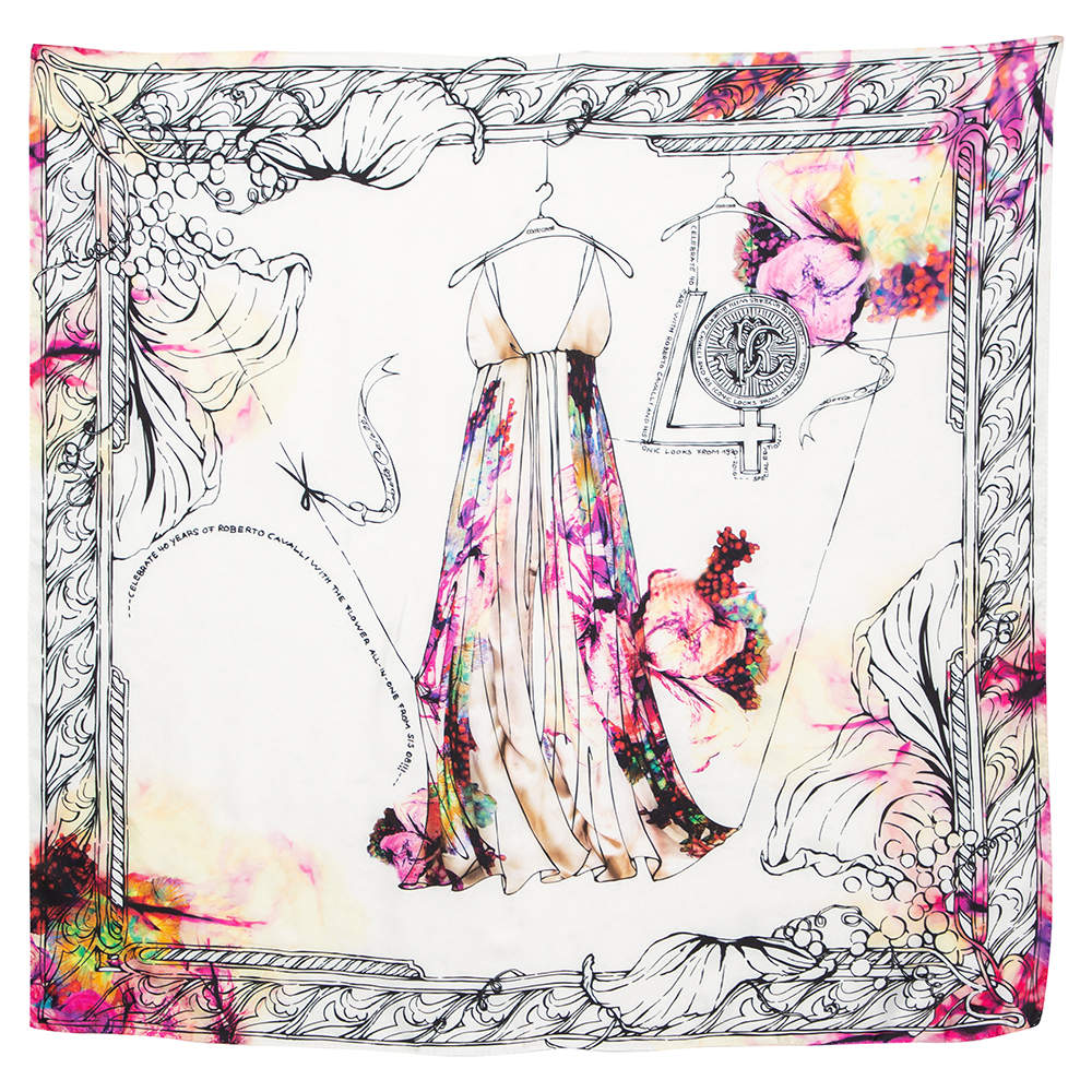 Pre Owned Roberto Cavalli Multicolor Illustration Print Special Edition Silk Scarf