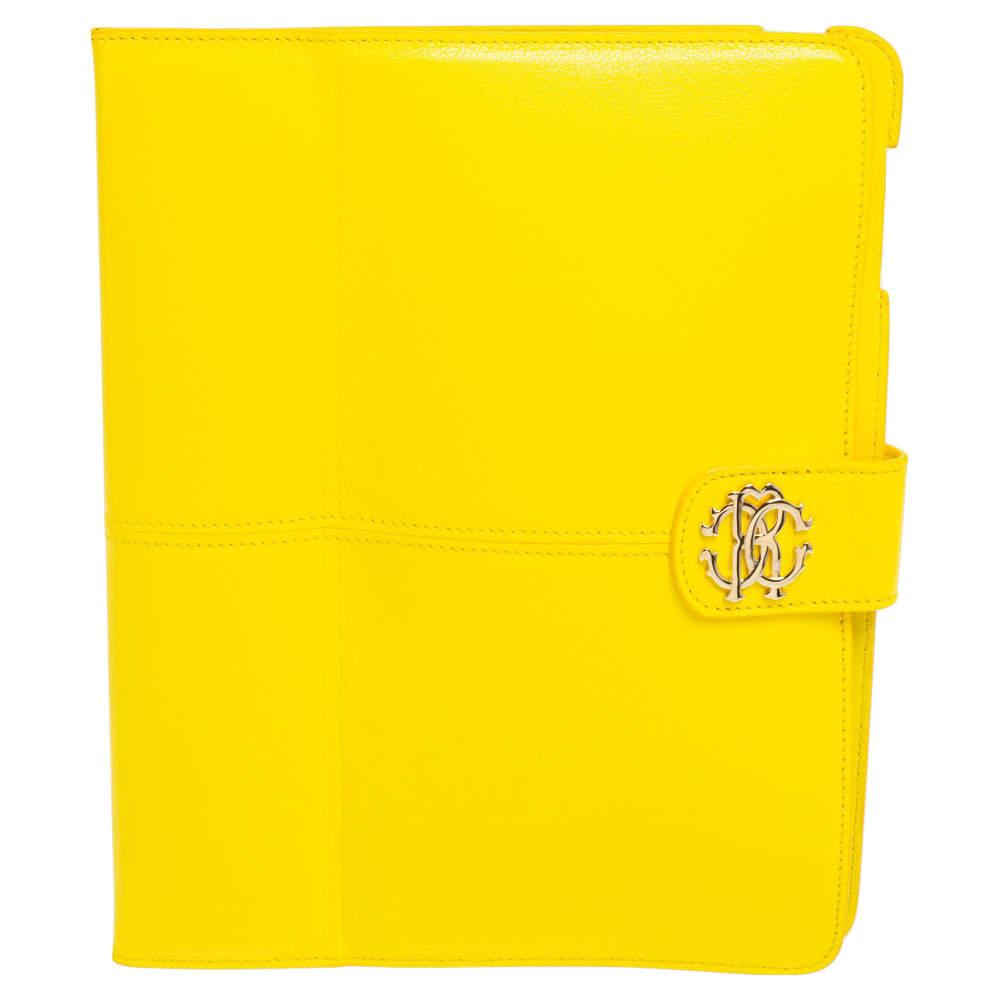 Roberto Cavalli Yellow Leather Logo Buckle Detail Tablet Case
