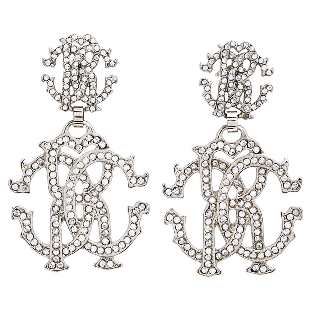 Pre Owned أقراط روبرتو كافالي سواروفسكي معدني فضي اللون مزين بالكريستال