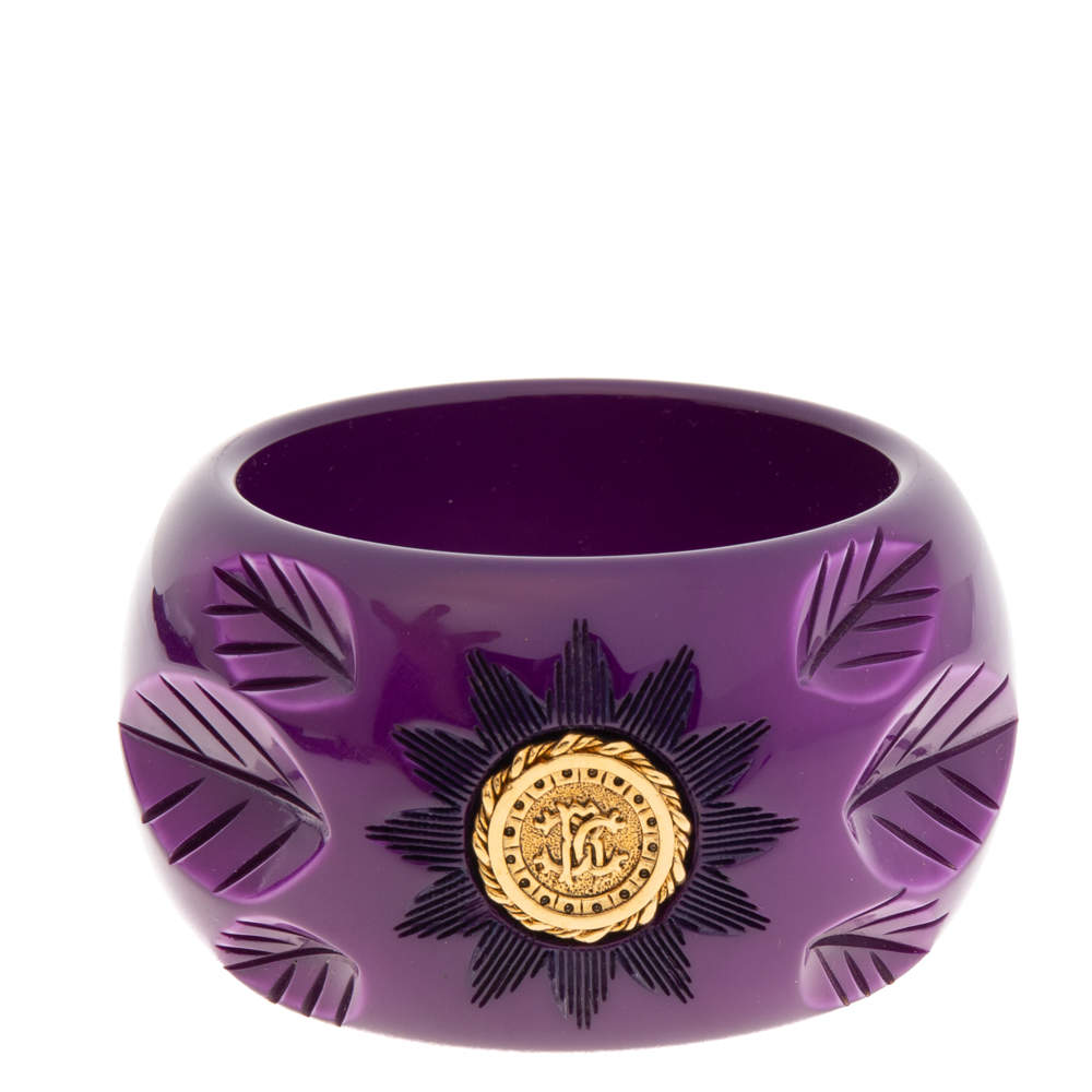 Roberto Cavalli Purple Floral Engraved Bangle Bracelet