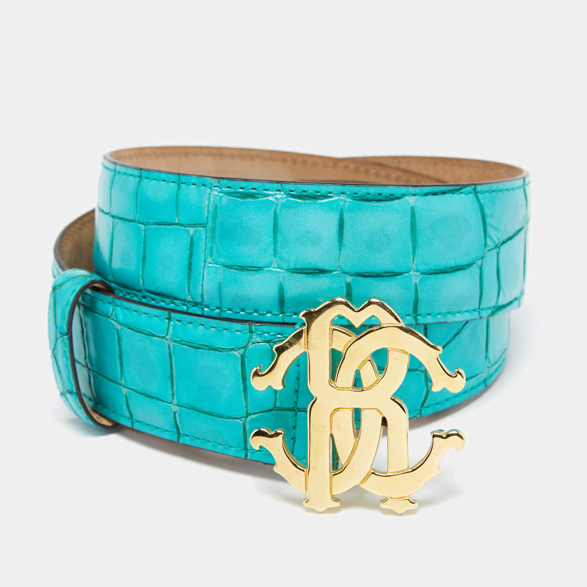 Pre Owned Roberto Cavalli Turquoise Croc Embossed Leather Logo Buckle Belt 85CM