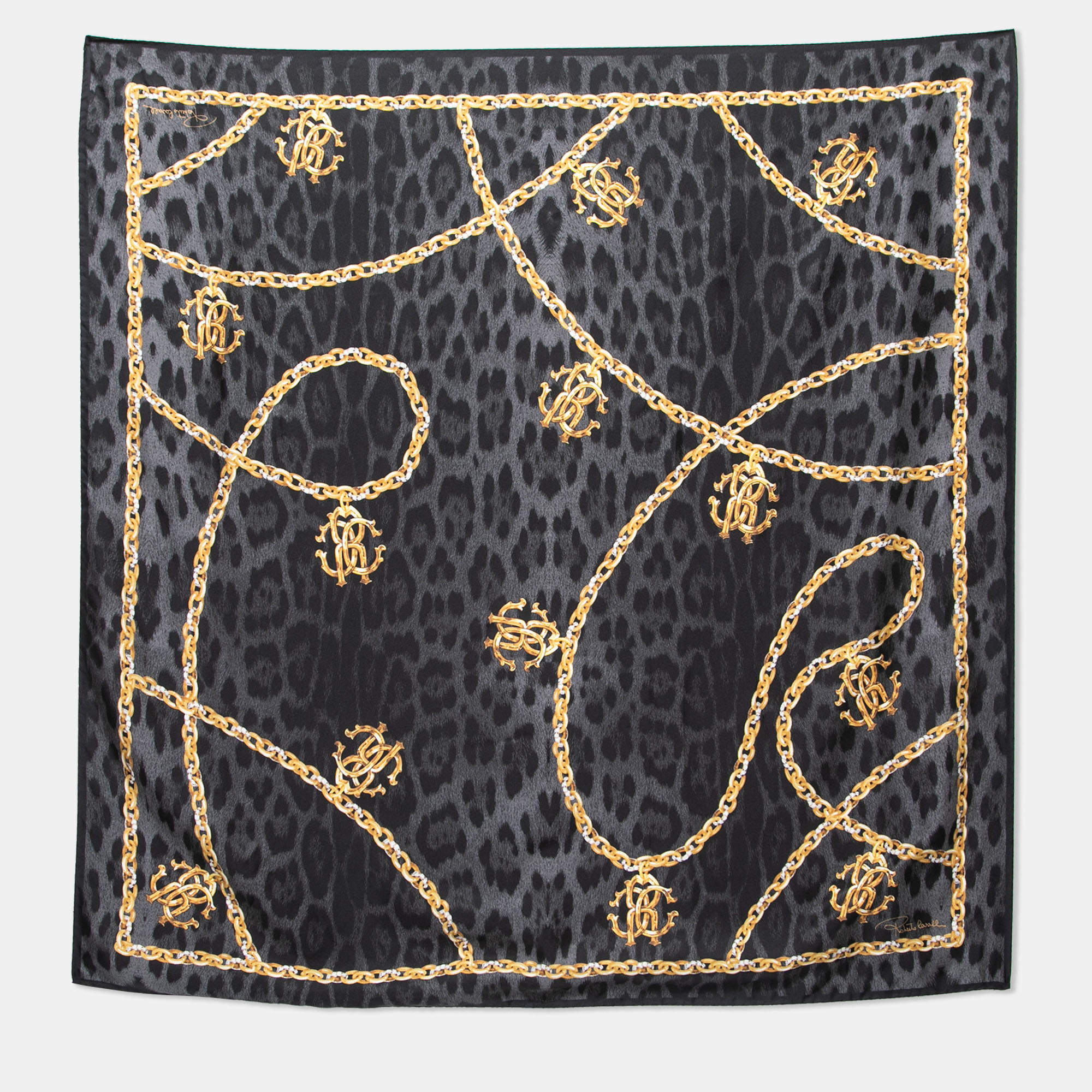 Pre Owned Roberto Cavalli Grey Animal & Chainlink Print Silk Scarf
