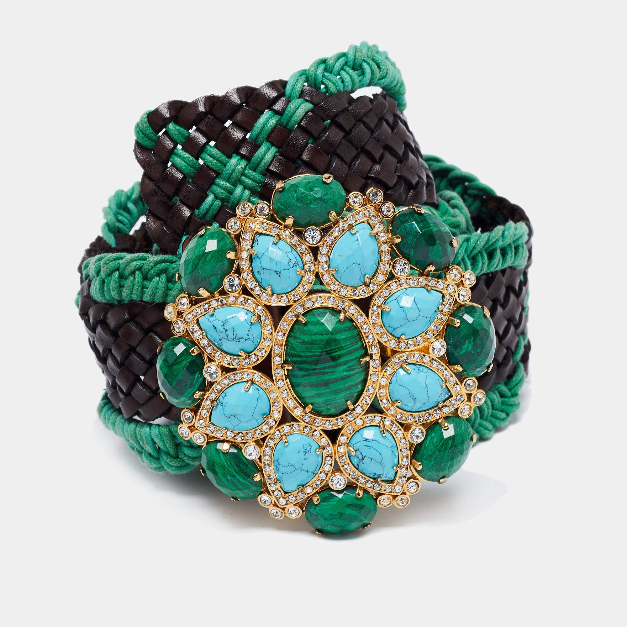 Pre Owned Roberto Cavalli Green/Brown Braided Fabric and Leather Embellished Belt