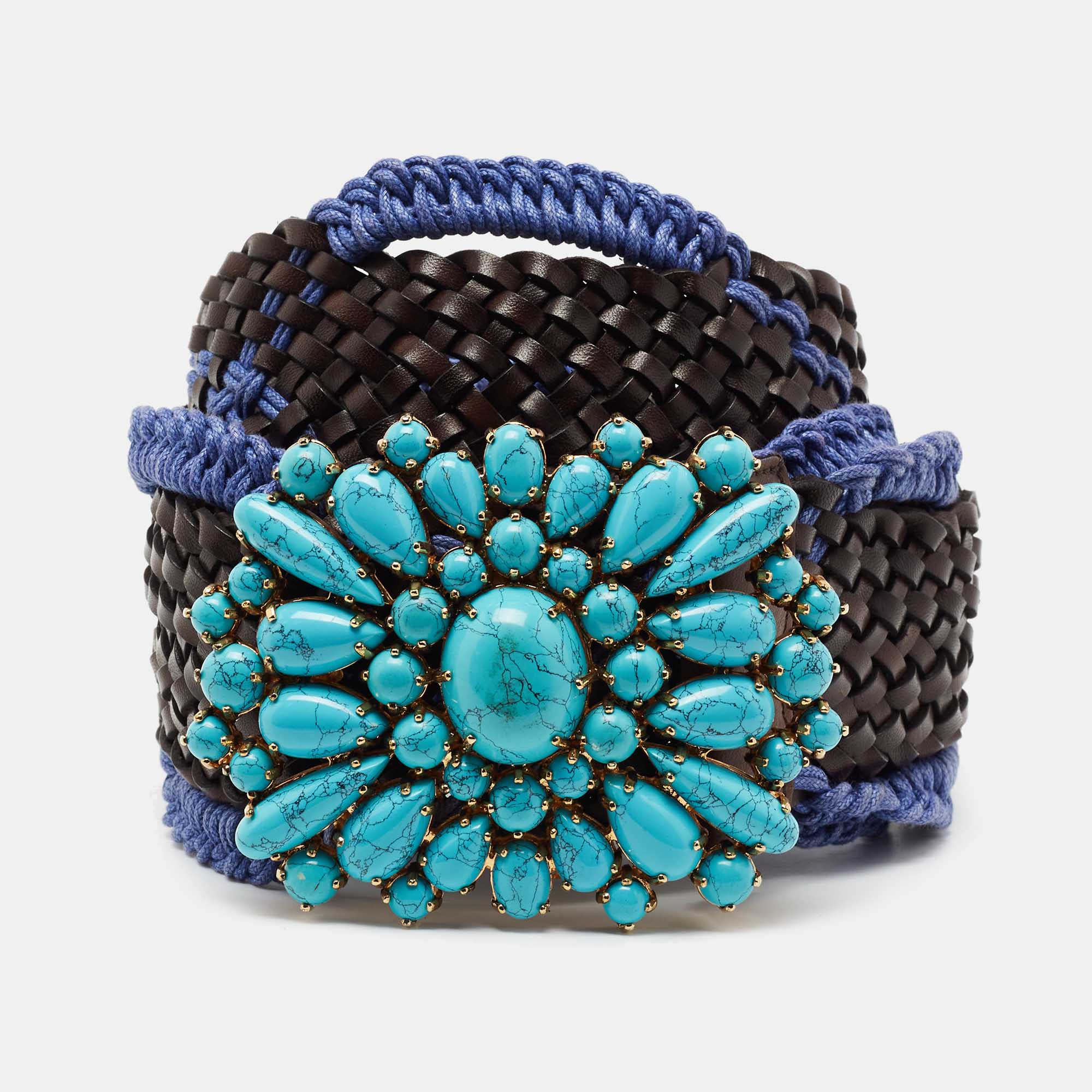 Pre Owned Roberto Cavalli Brown/Purple Braided Leather and Fabric Beaded Embellished Waist Belt 90 CM