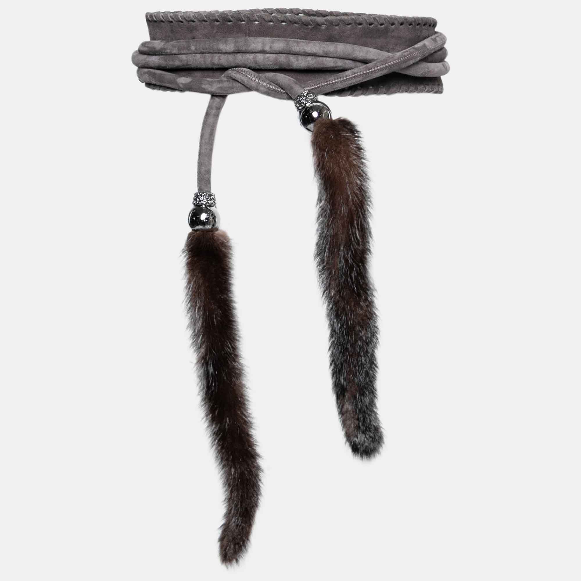 Pre Owned Roberto Cavalli Grey Suede and Mink Fur Wrap Around Waist Belt