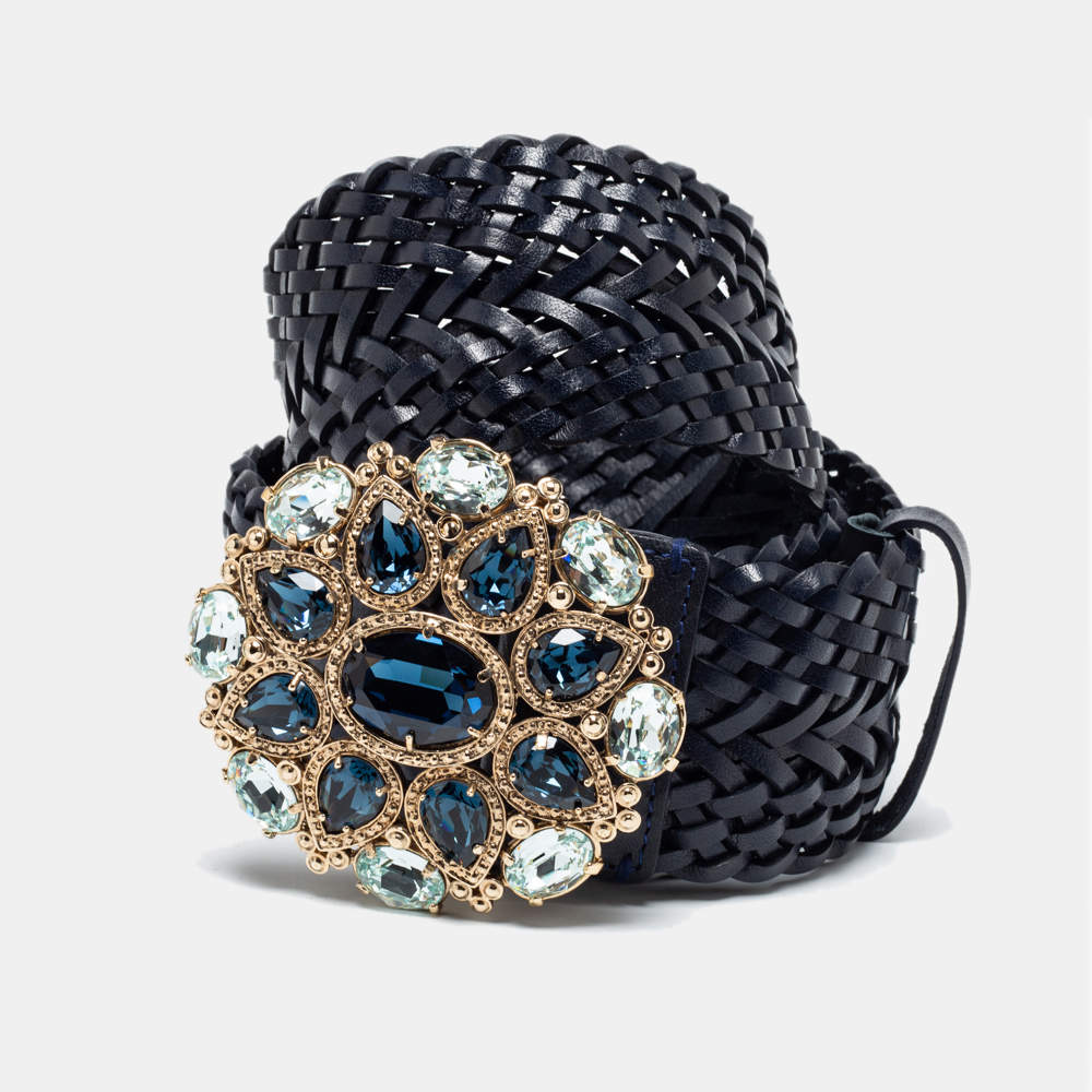 Pre Owned Roberto Cavalli Dark Blue Braided Leather Crystal Embellished Waist Belt