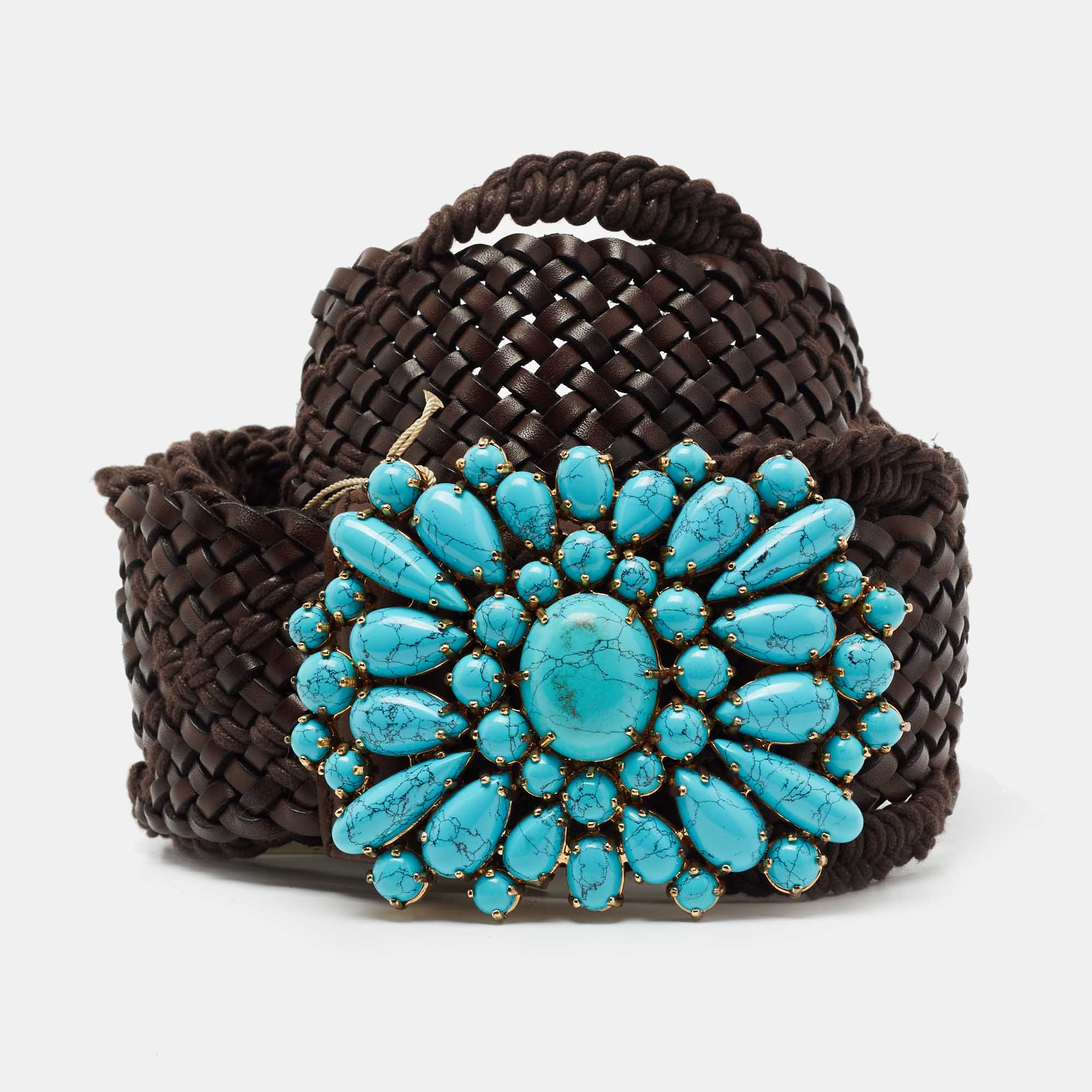 Pre Owned Roberto Cavalli Dark Brown Braided Leather Beaded Embellished Belt