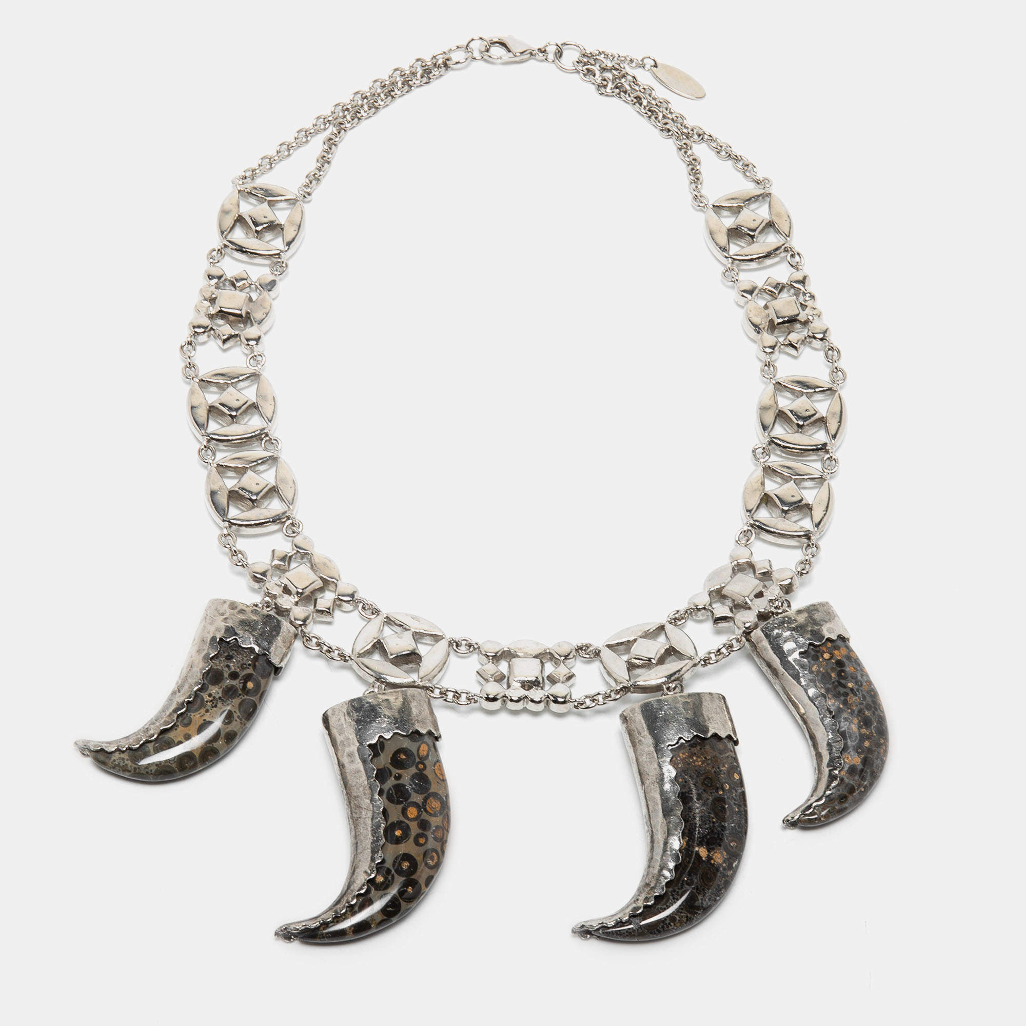 مملوكة مسبقًا Roberto Cavalli Silver Tone Crystal Marbled Teeth Charms Necklace