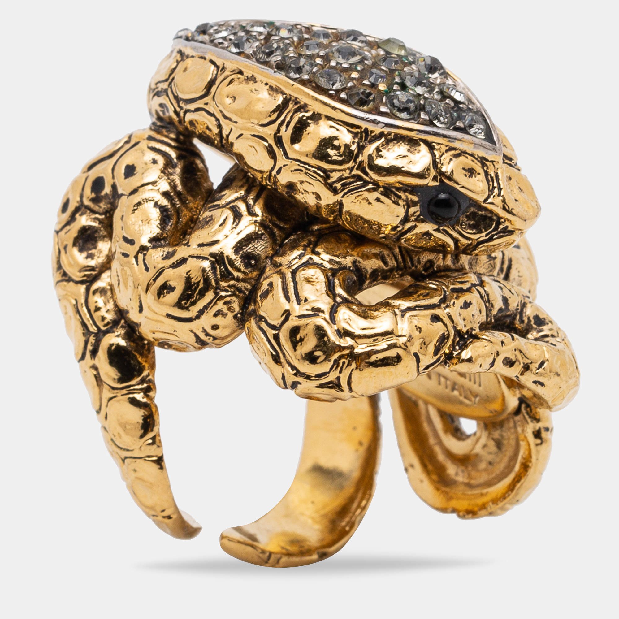 Pre Owned Roberto Cavalli Gold Tone Crystal Serpenti Ring EU 52.5