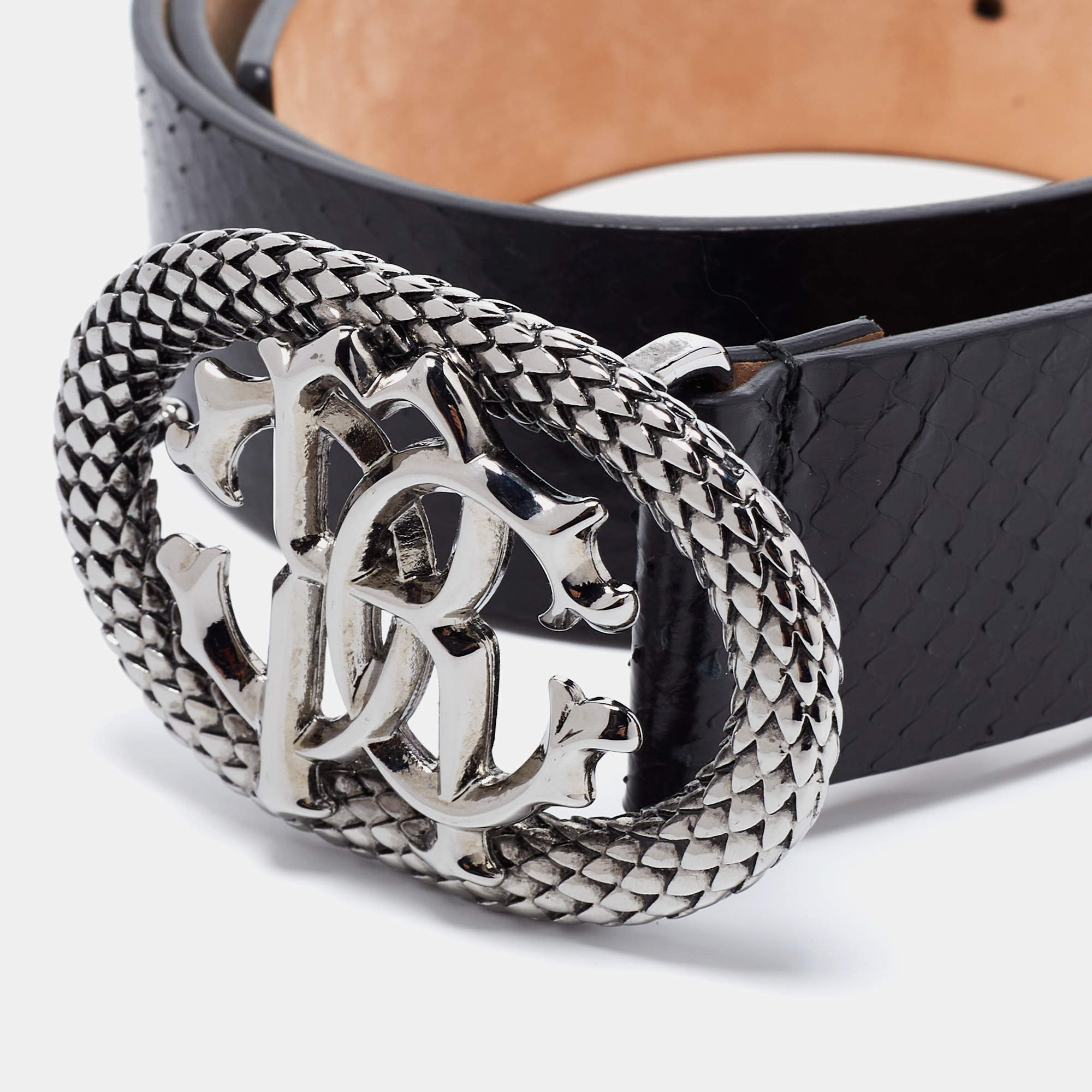 Roberto Cavalli Black Snakeskin Logo Buckle Belt 95 CM Roberto Cavalli TLC