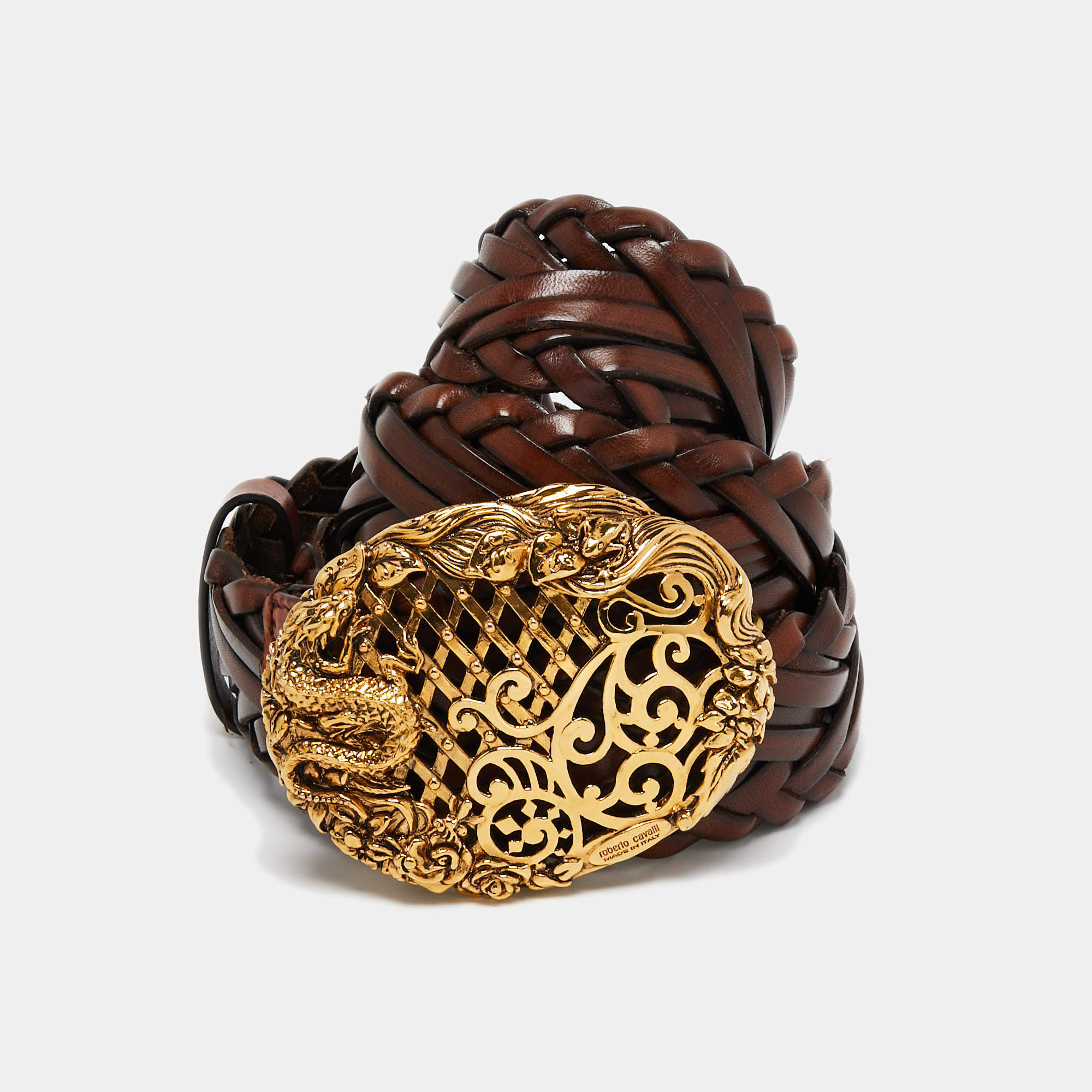 Pre Owned Roberto Cavalli Brown Braided Leather Logo Plague Belt