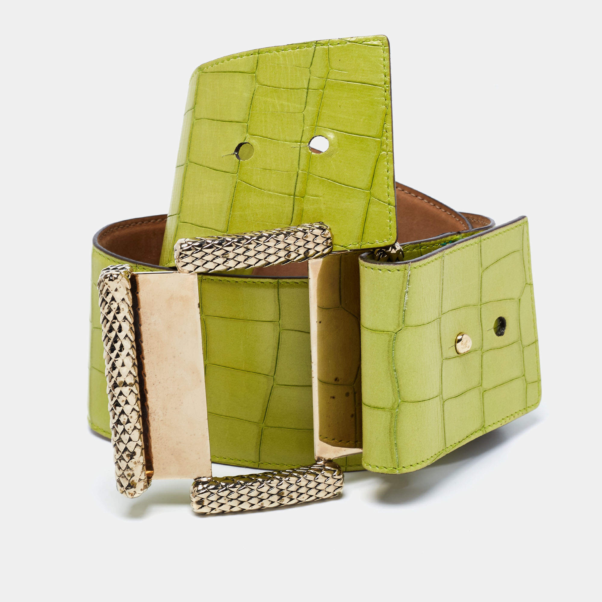 Pre Owned Roberto Cavalli Green Croc Embossed Leather Wide Waist Buckle Belt 75CM