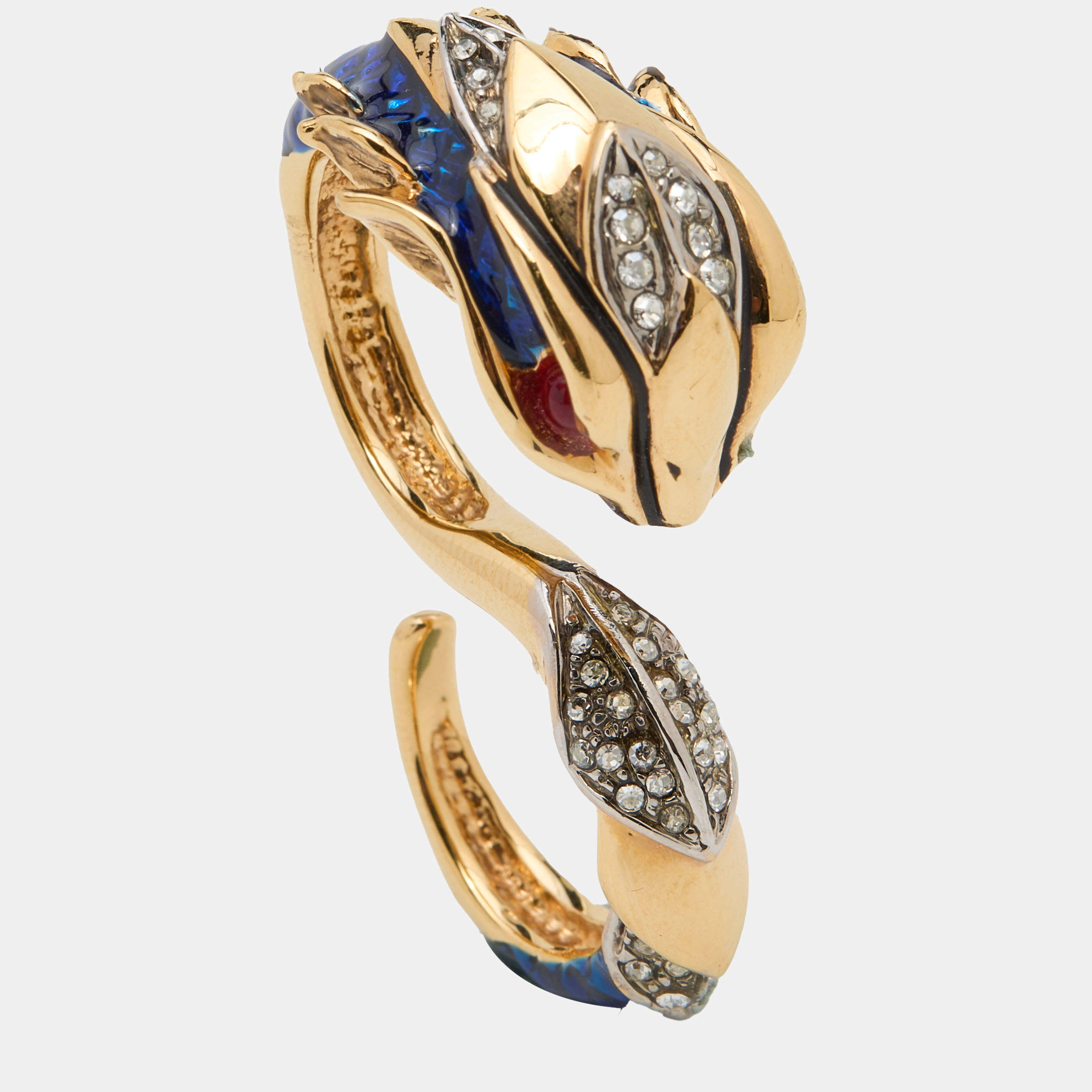 Pre Owned Roberto Cavalli Crystal & Enamel Serpenti Double Finger Ring Size EU 58