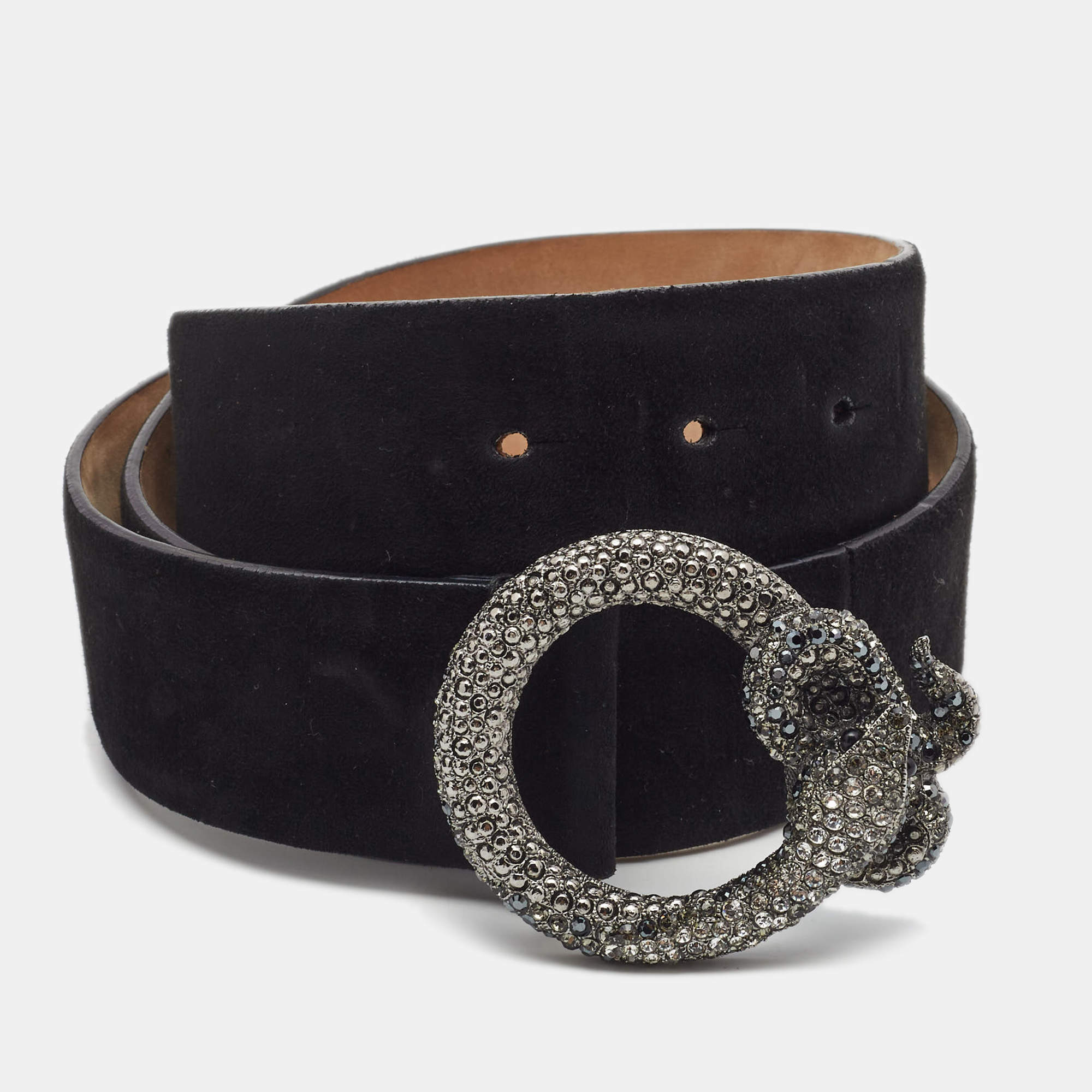 Pre Owned Roberto Cavalli Black Suede Snake Crystals Embellished Buckle Belt 80CM