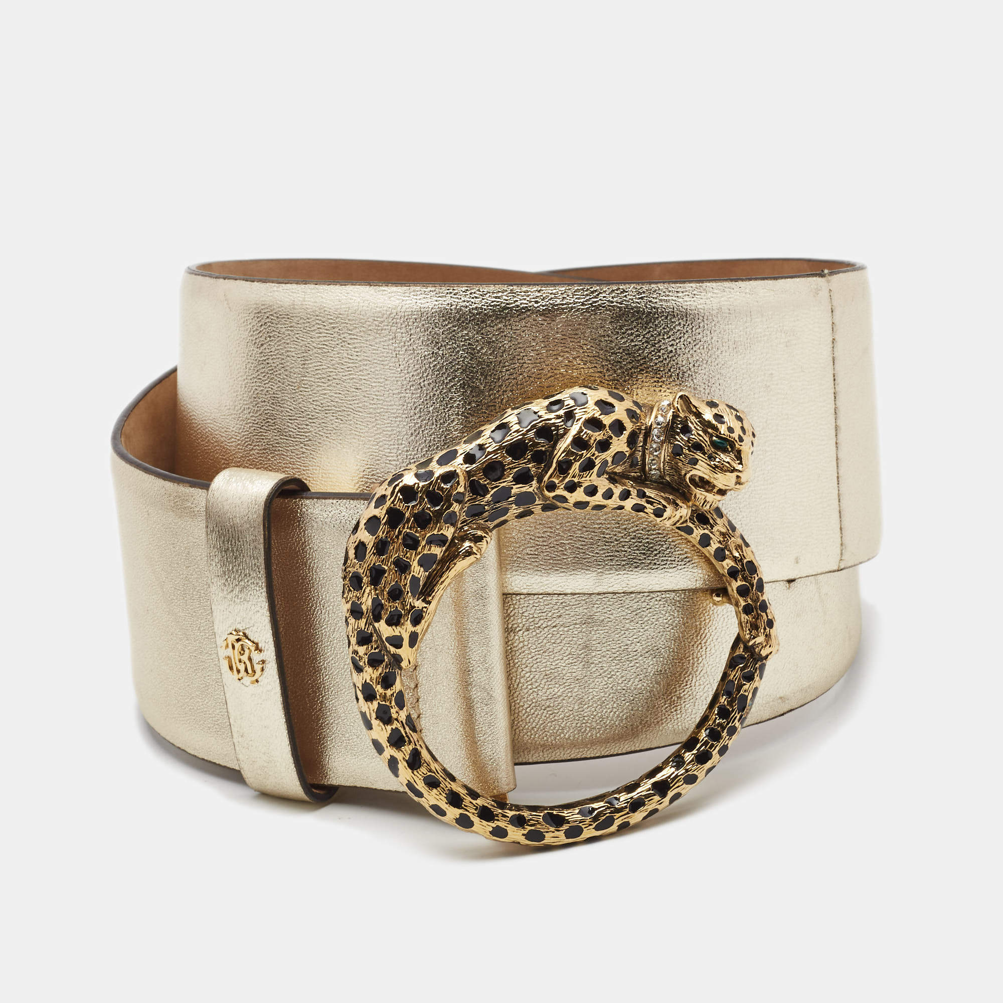Pre Owned Roberto Cavalli Gold Glossy Leather Panther Buckle Belt 80CM
