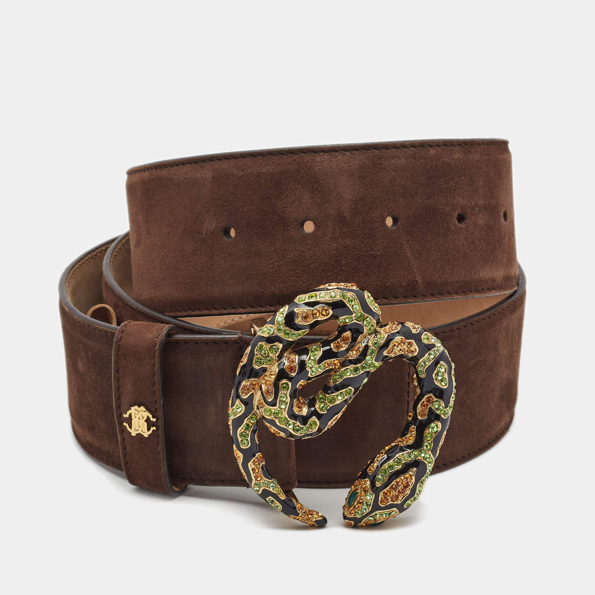 Pre Owned Roberto Cavalli Brown Shimmer Suede Crystals Embellished Snake Buckle Belt 90CM