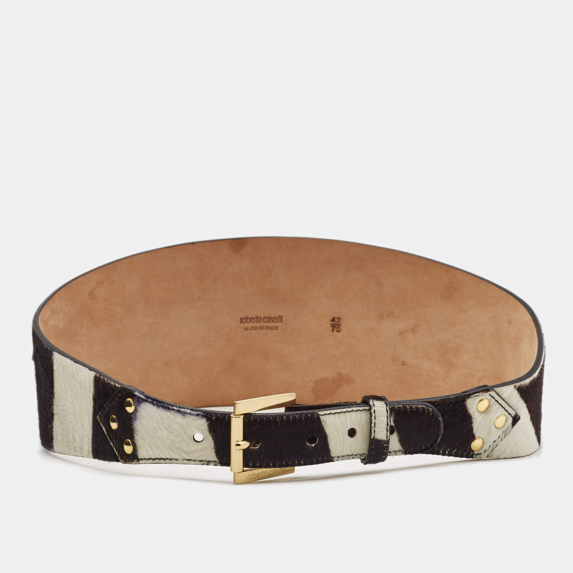 Roberto Cavalli Brown/White Zebra Print Calfhair Wide Waist Belt 75CM