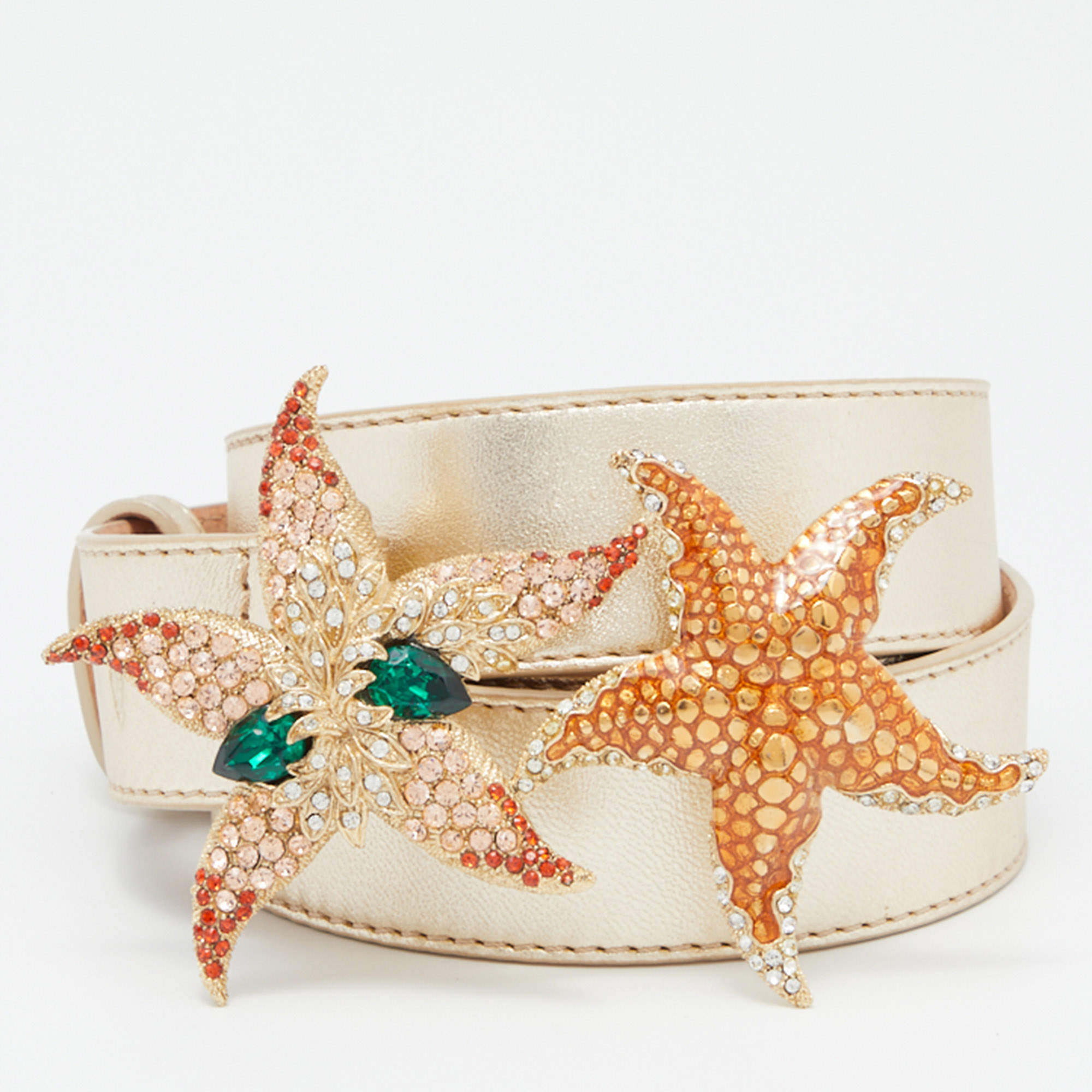 Pre Owned Roberto Cavalli Gold Leather Crystals Starfish Buckle Belt L
