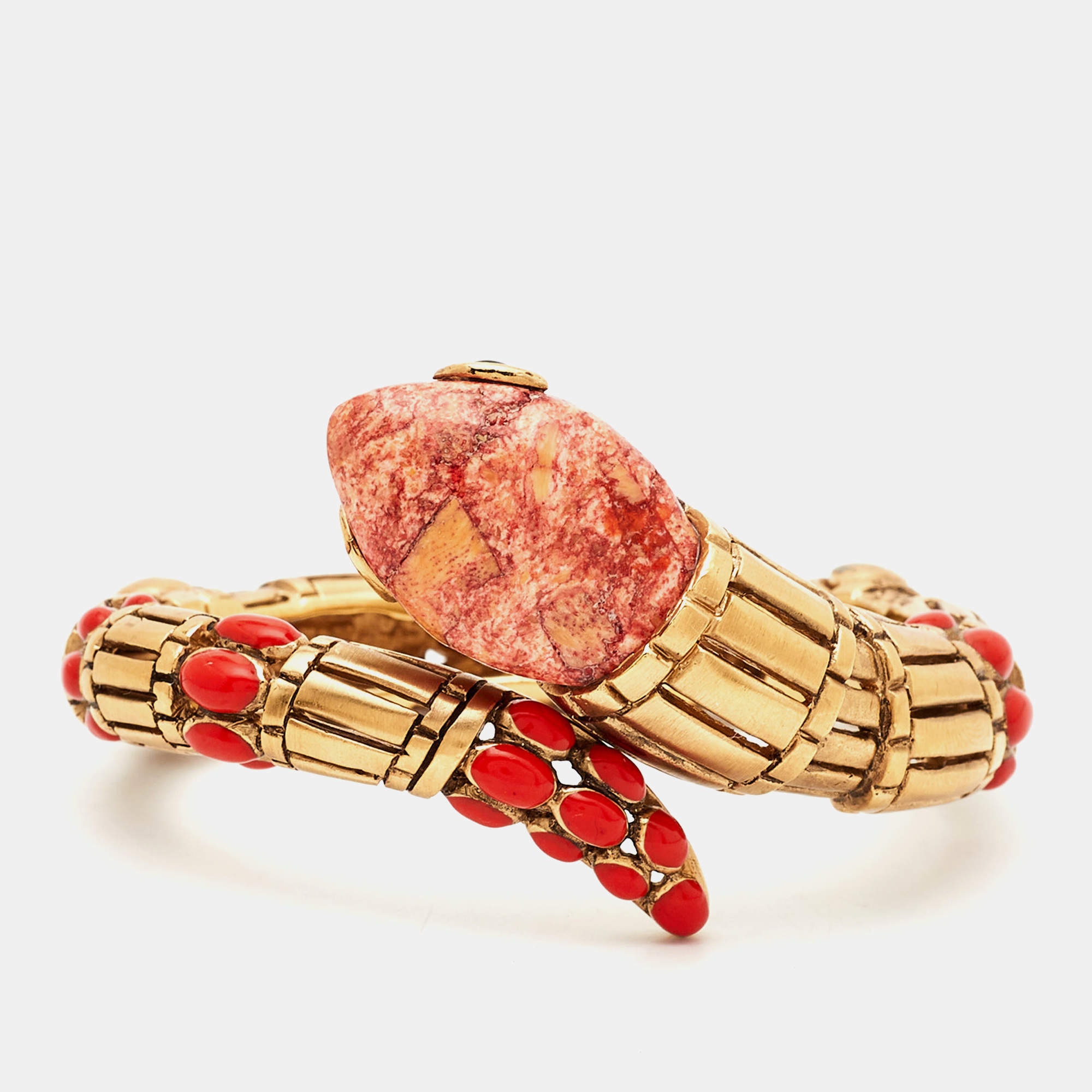 Pre Owned Roberto Cavalli Composite Enamel Gold Tone Snake Bracelet