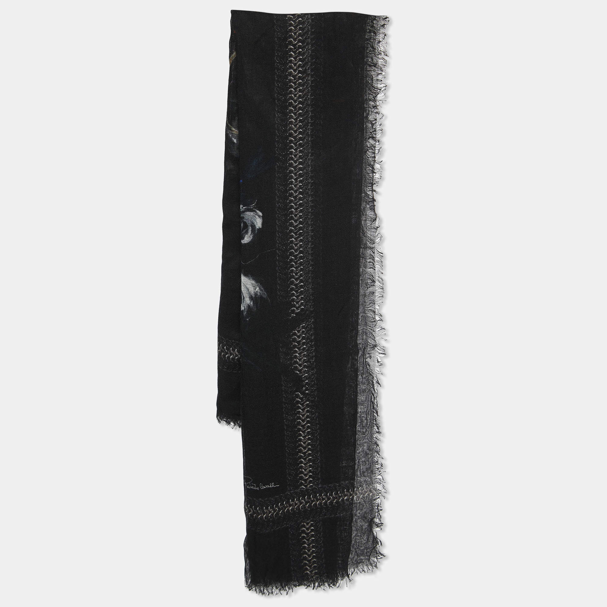 مملوكة مسبقًا Roberto Cavalli Black Floral Print Cashmere Scarf