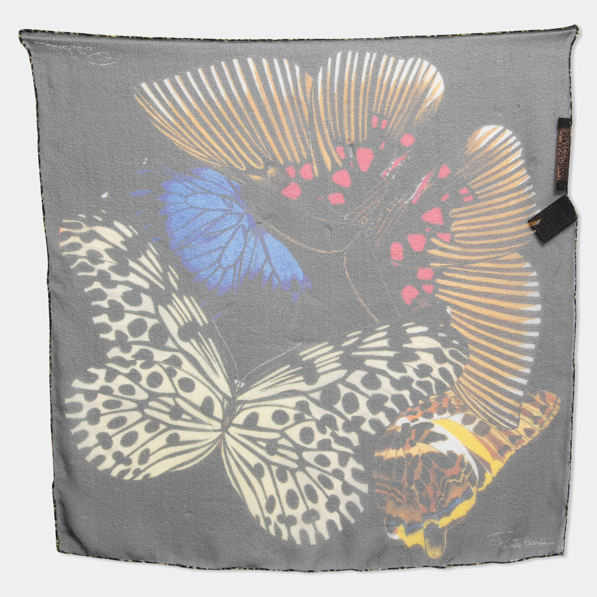 Pre Owned Roberto Cavalli Black Butterfly Print Silk Square Scarf
