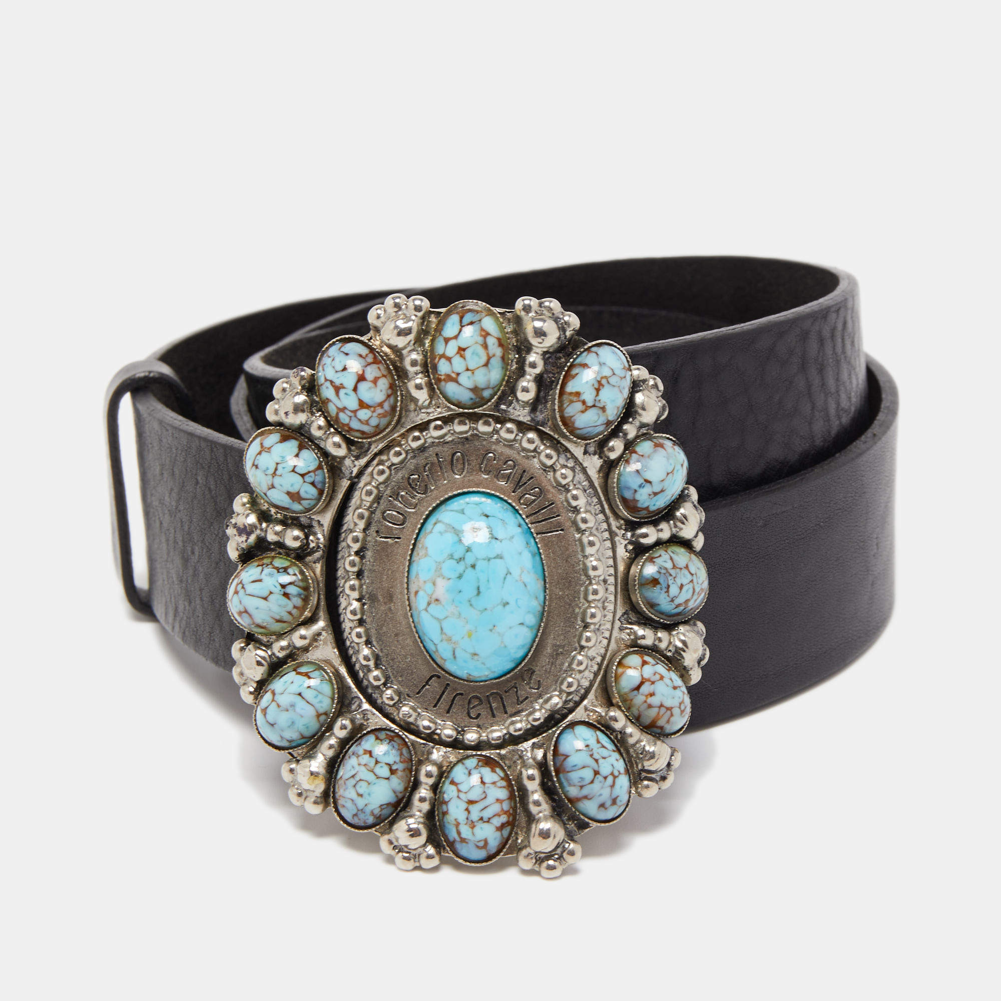Pre Owned Roberto Cavalli Black/Turquoise Leather Embellished Oval Buckle Belt L