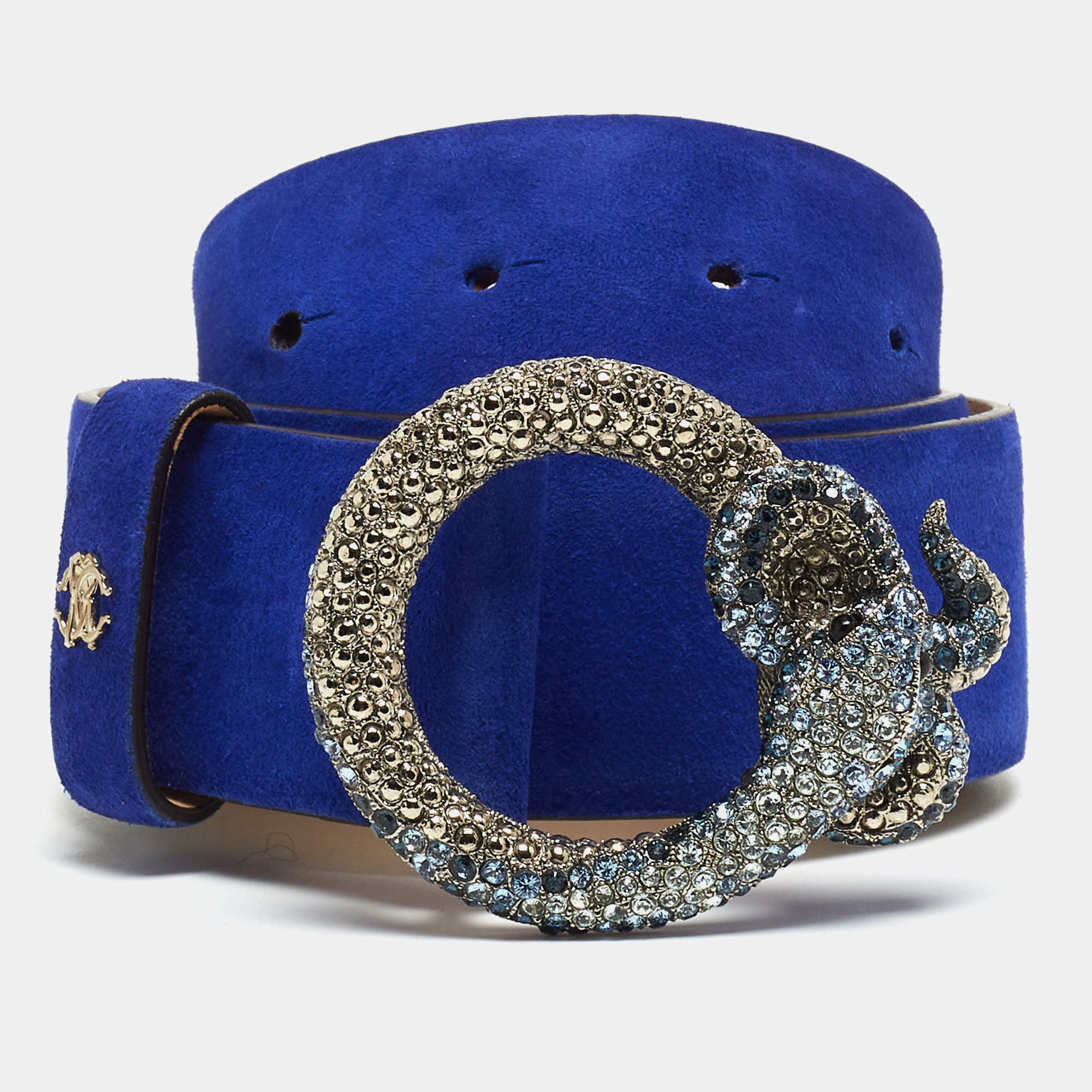 Pre Owned Roberto Cavalli Blue Suede Crystal Embellished Serpent Buckle Belt 95CM