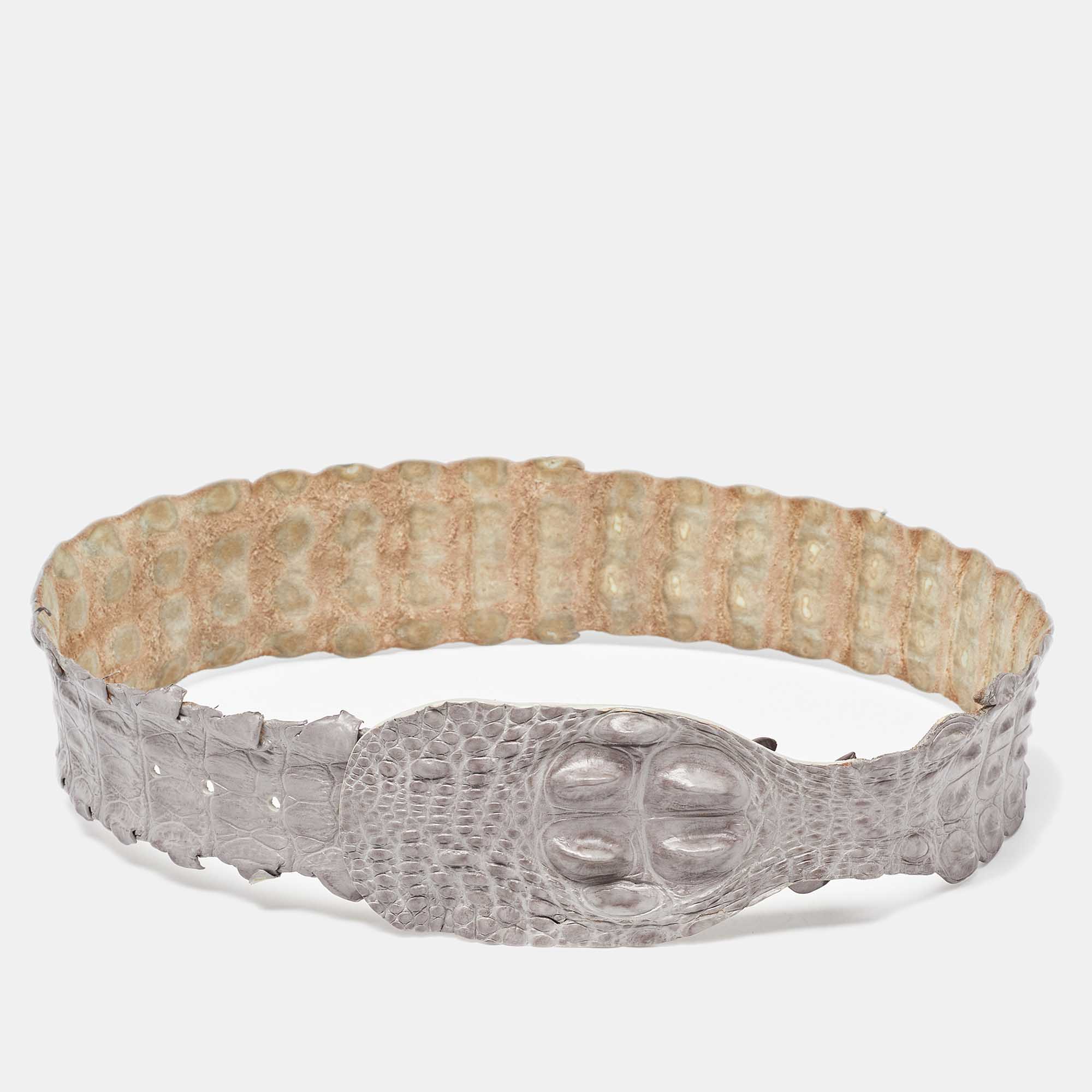 Pre Owned Roberto Cavalli Grey Crocodile Back Horn Waist Belt 90CM
