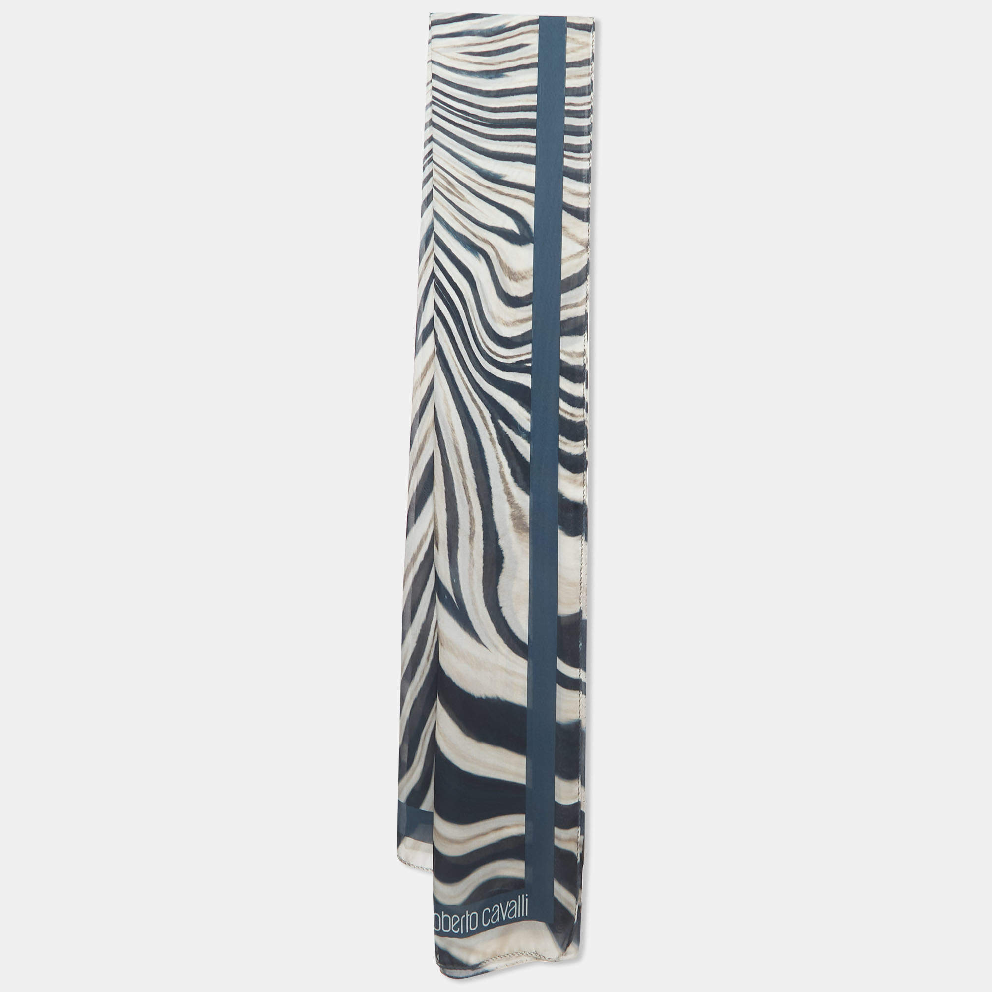 Pre Owned Roberto Cavalli Beige/Blue Animal Print Silk Chiffon Scarf