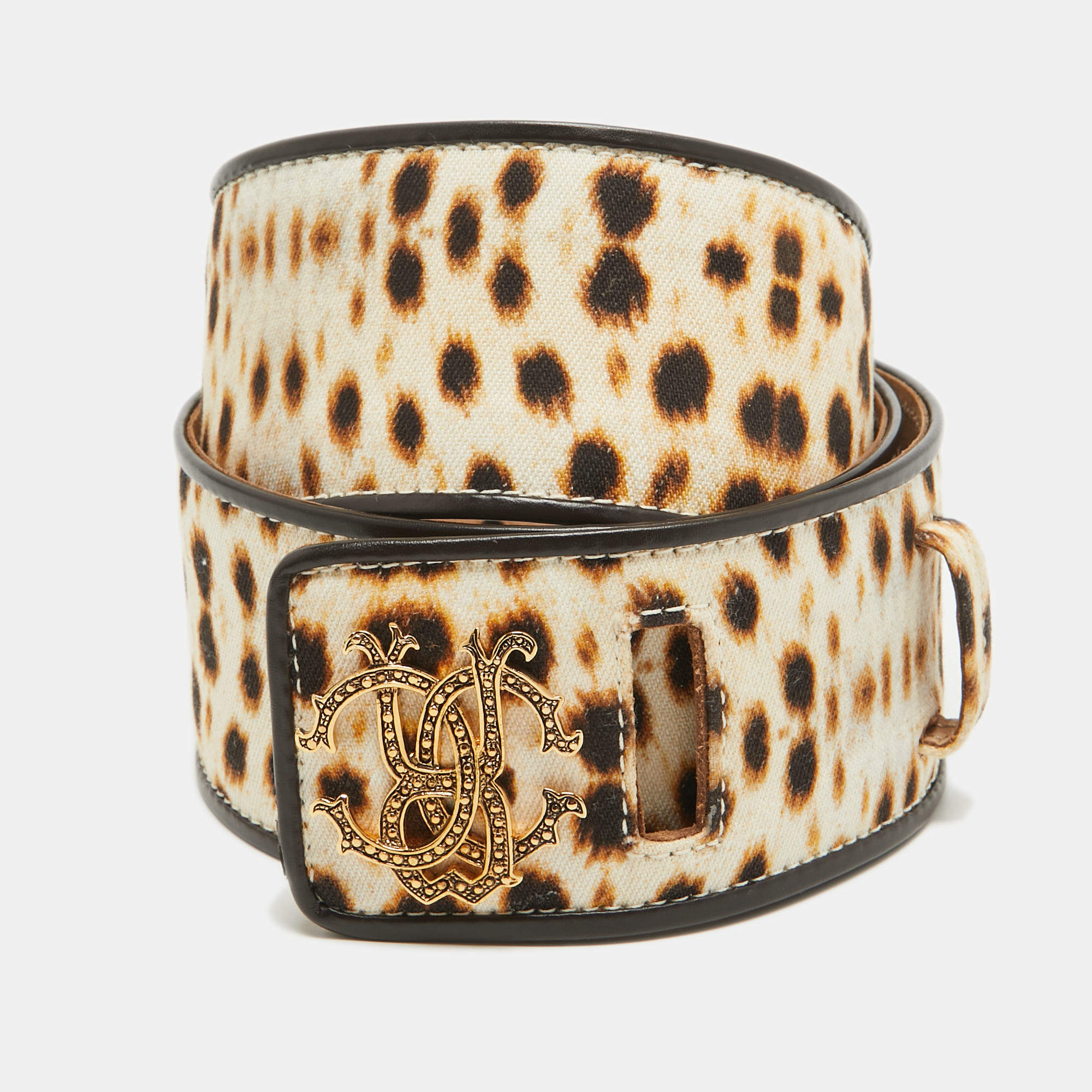 Pre Owned Roberto Cavalli Beige Leaopard Print Canvas RC Logo Waist Belt 95CM
